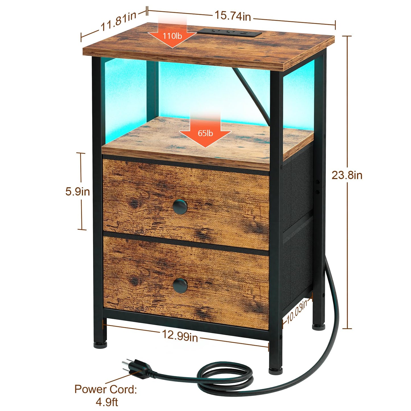 LOAKEKEL Night Stand with Charging Station, Small Bedside Table with USB Ports & Outlets, LED Nightstand with 2 Fabric Storage Drawers PU Finish for Bedroom, Brown, HETS02BR-1