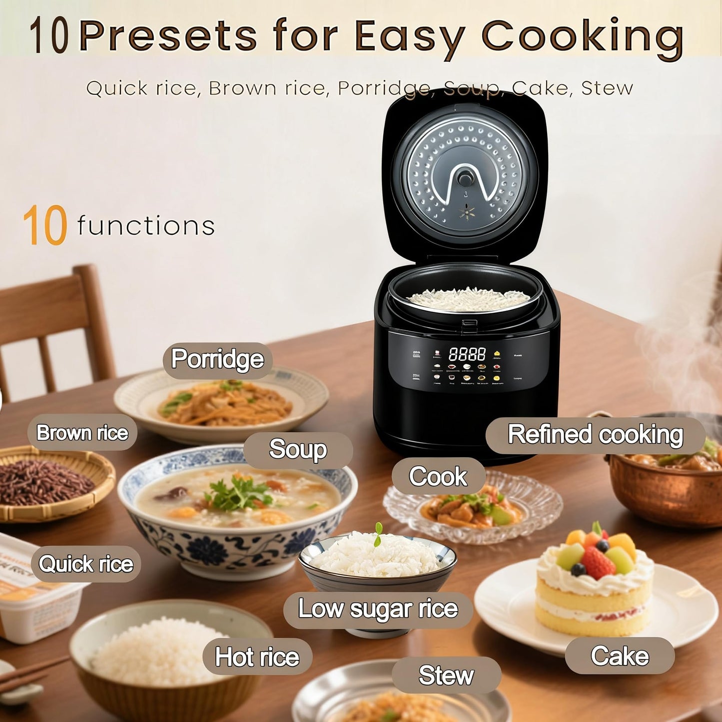Mini Protable Smart Rice Cooker,2.1Quart 2L,6 Cups Cooked/3 Cups Uncooked,400W Non-Stick Rice Maker with Steamer Basket,24 Hours Timer Delay,10 Functions,Fast Cooker,Auto Keep Warm for Dorm, Office & Small Families