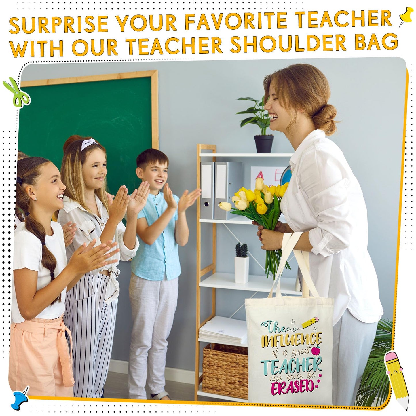 Capoda 12 Pcs Teacher Canvas Tote Bags Large Teacher Appreciation Gifts Bags with Zippers Best Teacher Ever Shoulder Bags for Women Men Teacher's Day Back to School Birthday Retirement Gifts Supplies