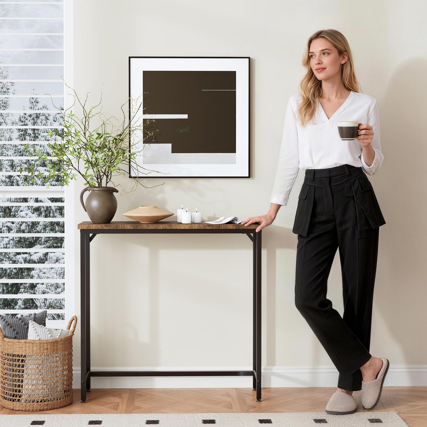 Tujurich Narrow Entryway Console Table & Sofa Side Table - Industrial Hallway Table for Small Spaces, Behind Couch Table, Multi-Functional Living Room Bedroom Office,Brown, 29.5" x 9.4" x 29.5"