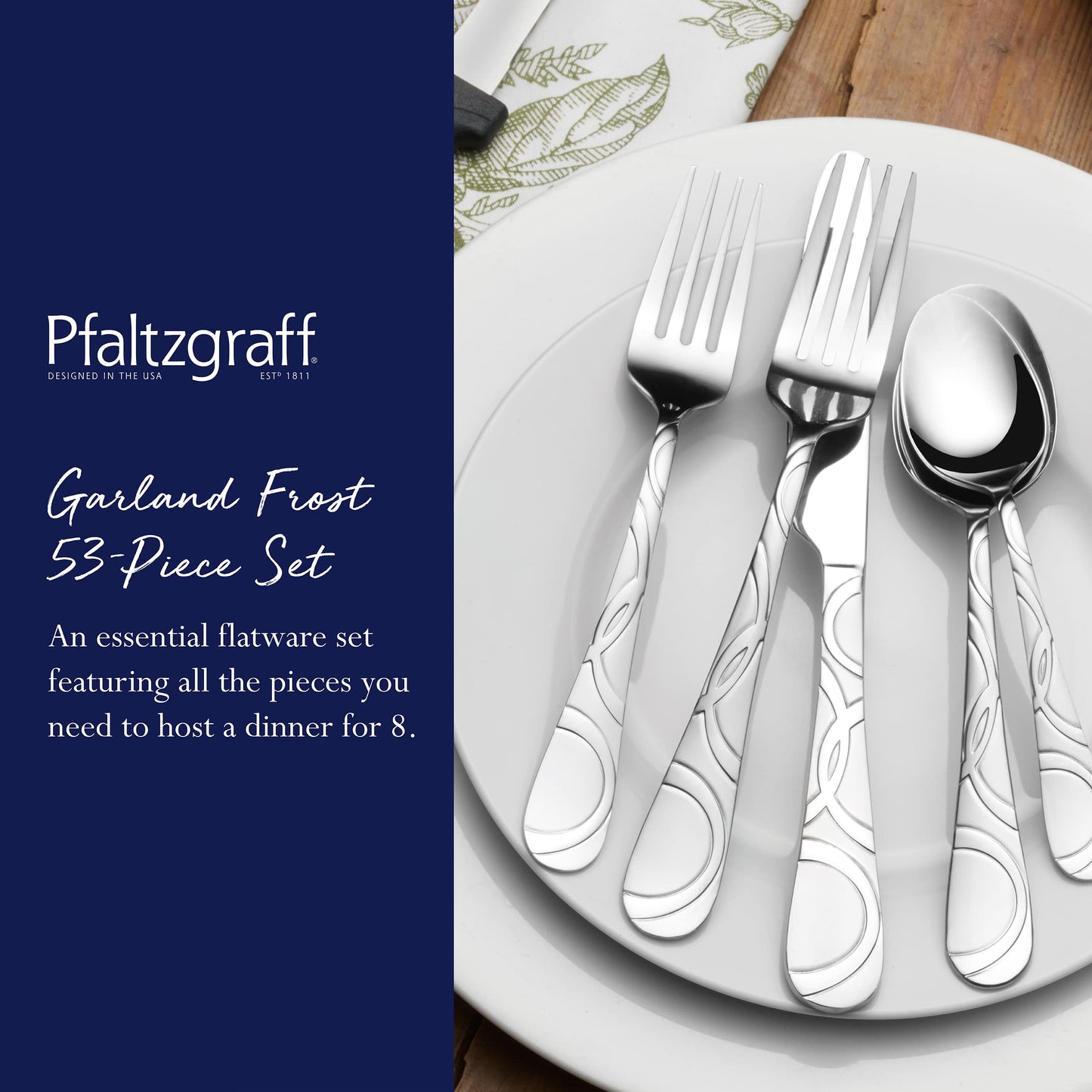 Pfaltzgraff Garland Frost Silverware Set 53-Piece, 18/0 Stainless Steel Flatware Set Service for 8 with Hostess Serving Utensils, Dishwasher Safe Cutlery Set