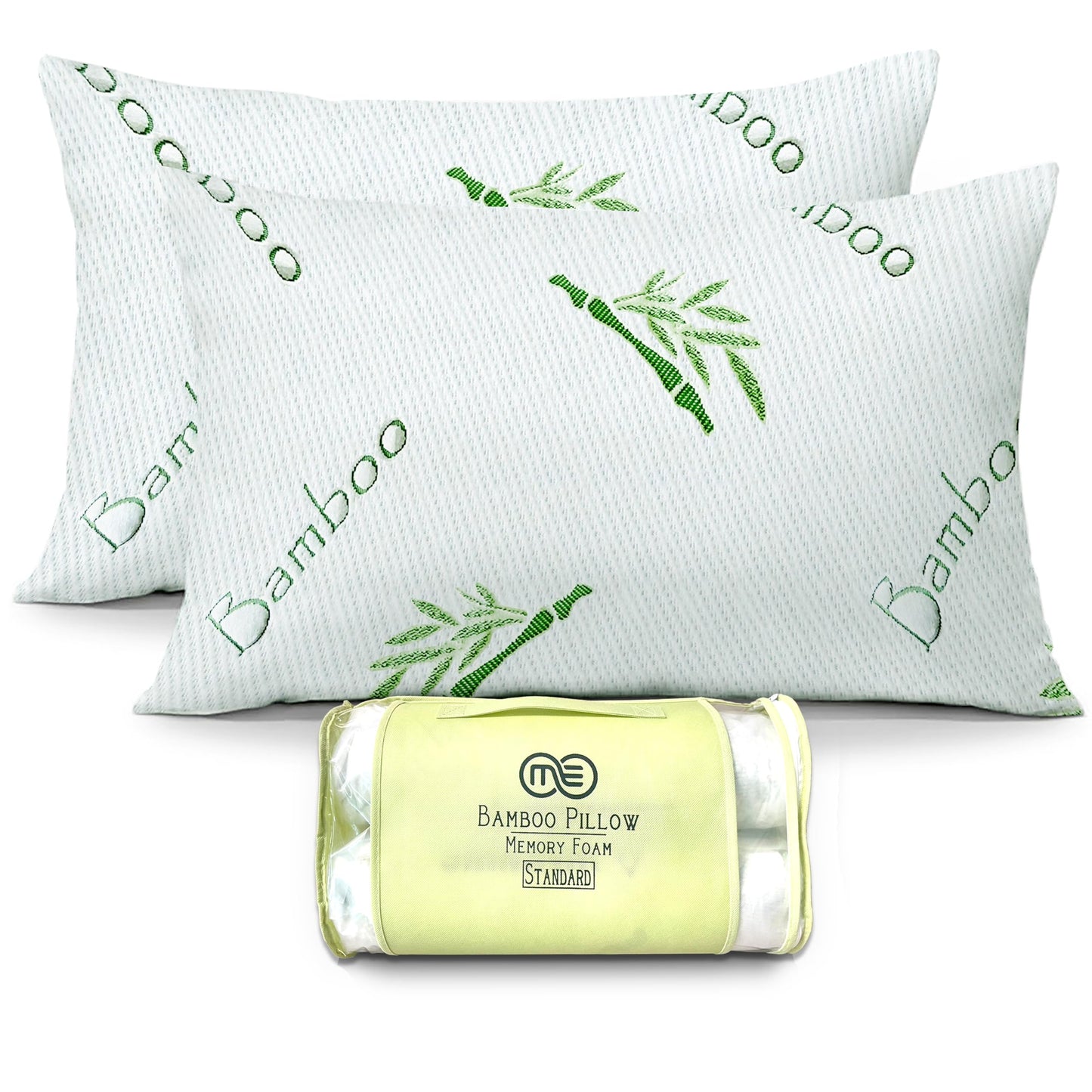 OMEO 2 Pack Standard Size Rayon Derived from Bamboo Pillow for Sleeping Shredded Memory Foam Bed Pillows for Side, Back and Stomach Sleepers, Soft, Cooling, Adjustable and Washable Cover 20" x 26"