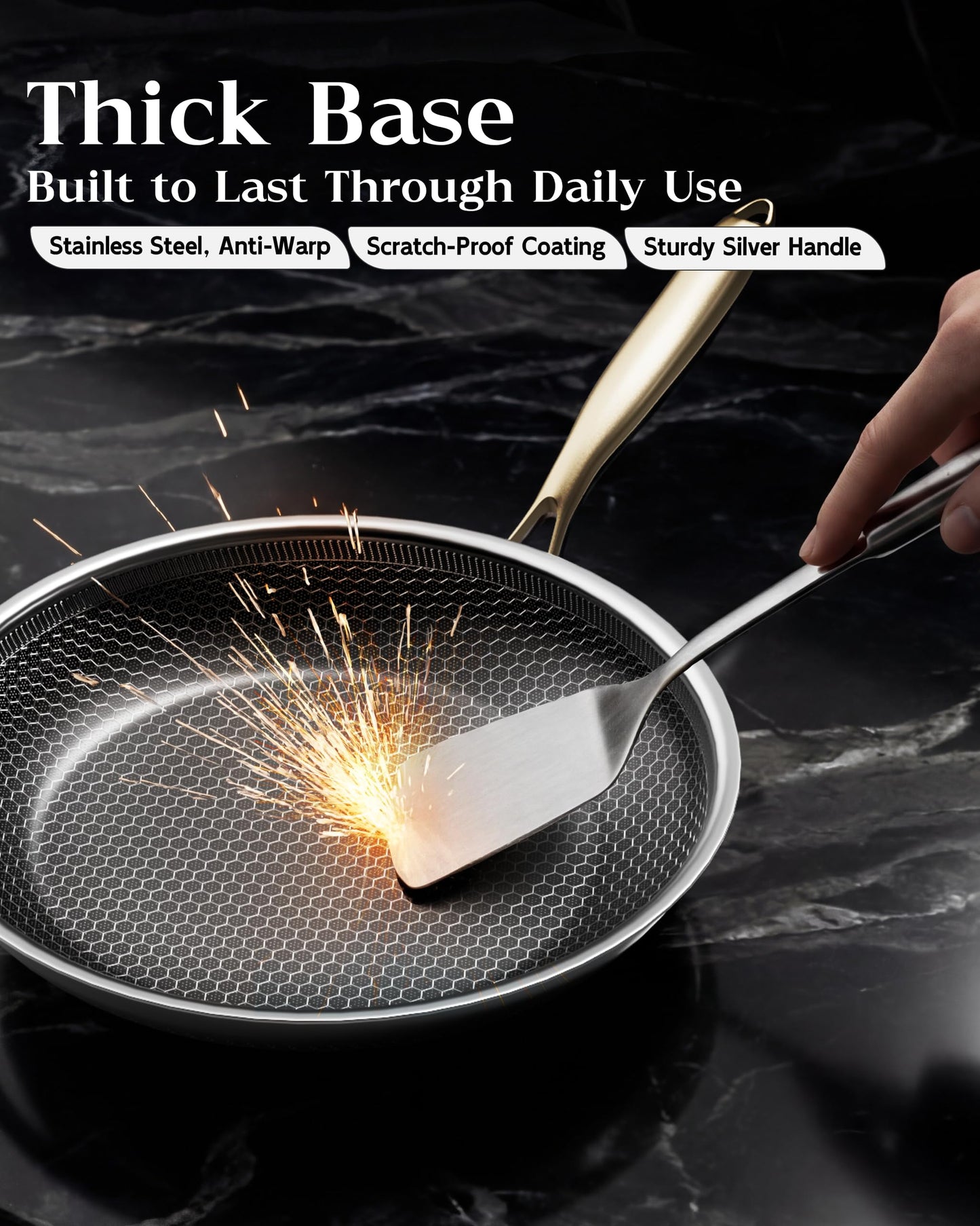 XBM Nonstick Frying Pan with Lid 10-Inch, Durable Stainless Steel Skillet, Induction Cooktop Compatible, PFOA-Free Scratch-Proof, Dishwasher & Oven Safe, Stay-Cool Handle, Silver Kitchen Cookware