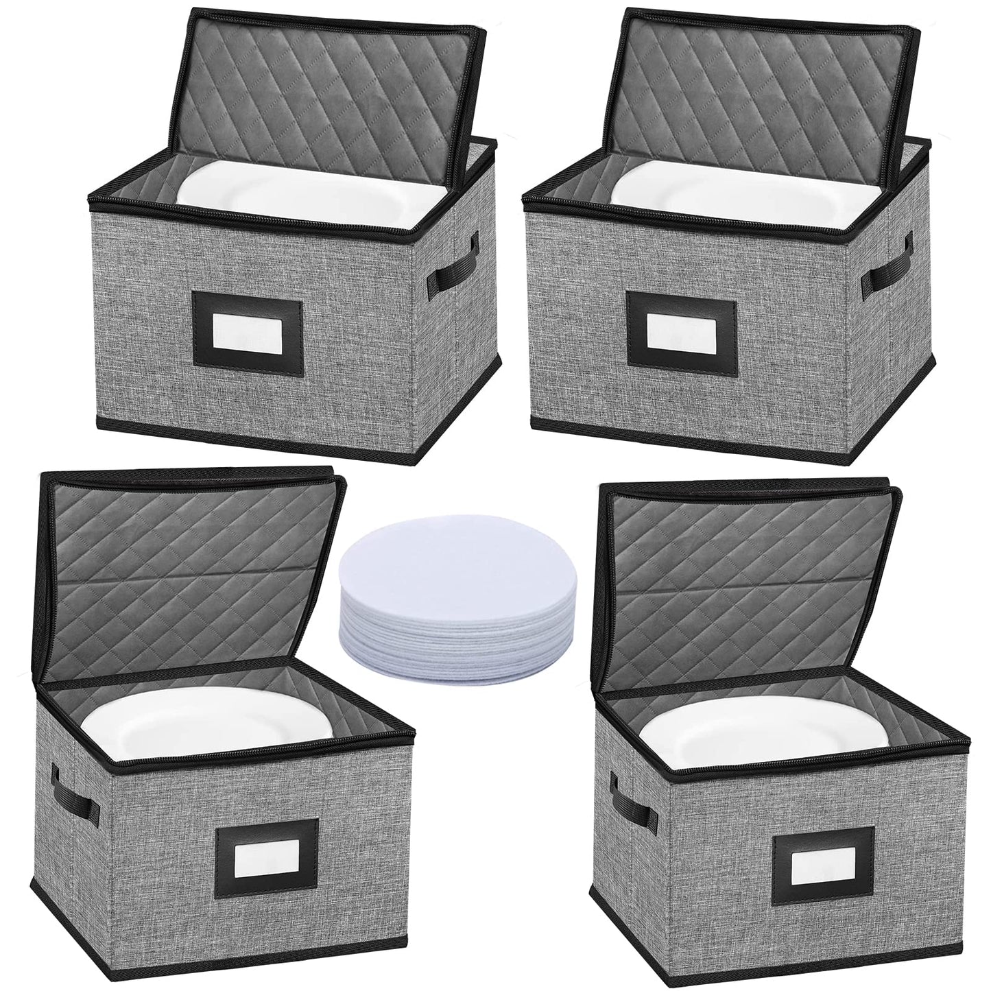 ouruer China Storage Containers-4PACK Quilted Dish Storage Containers with Lid Hard Shell for Moving Transport, Dinnerware,Stackable Plate Storage,24 Felt Plate Dividers Included,12 * 12 * 8in