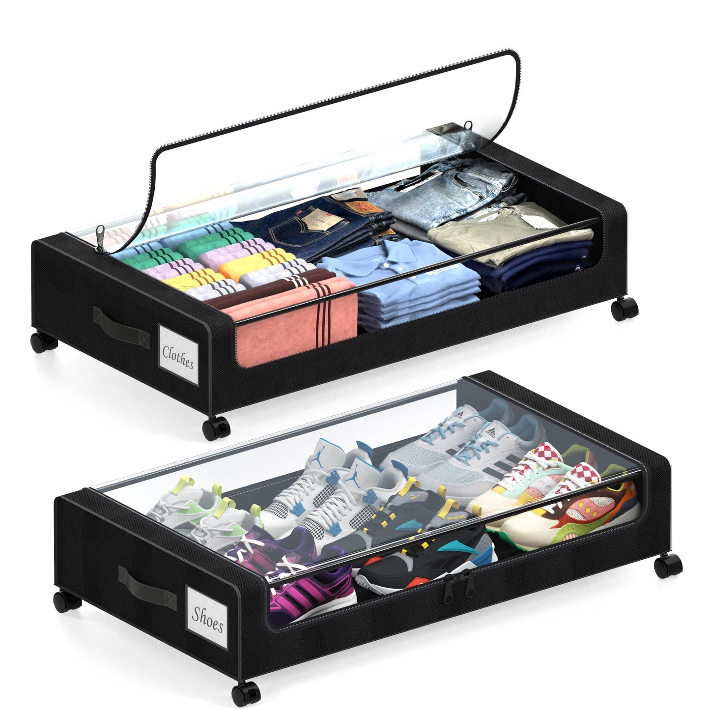 Under Bed Storage with Wheels, 2 Pack Under Bed Storage Containers with Clear Lids, XXL 65L Under Bed Storage Organizer, Rolling Under Bed Metal Drawer for Blanket, Clothes, Shoes (31 x 17 x 6.69 in)