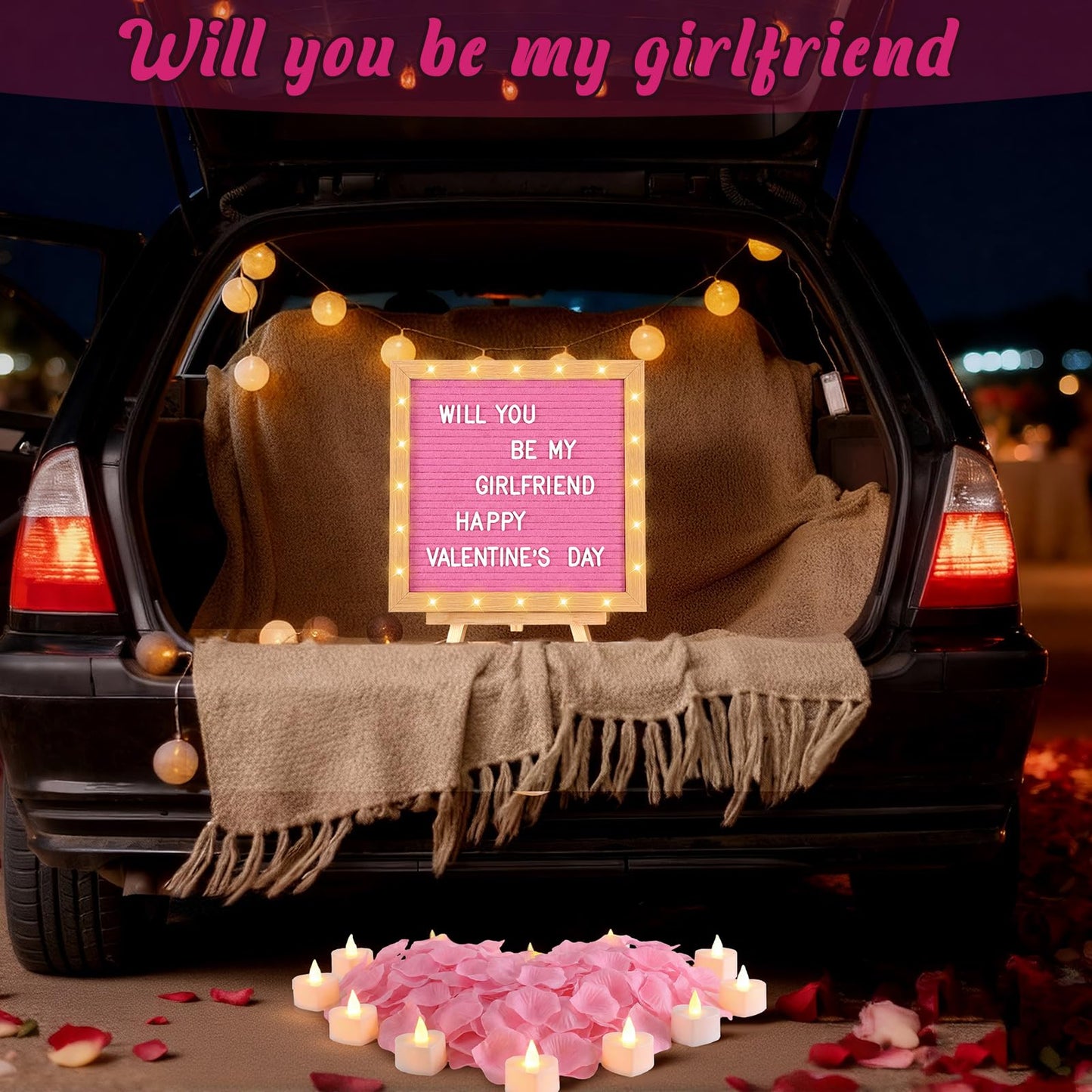 Ceenna Will You Be My Girlfriend Romantic Sign with LED Candles and Artificial Rose Petals, Valentine's Day DIY Felt Letter Wood Board Sign with Lights for Valentine's Day Anniversaries Party(Pink)