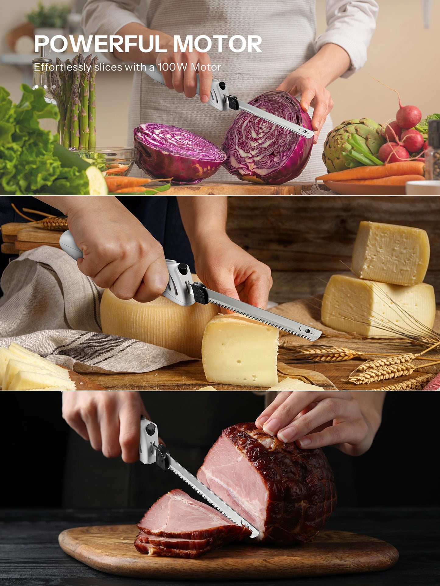 Reemix Electric Knife, Z3042 Electric Knife Set for Carving Meats, Poultry, Bread, Crafting Foam & More, 2 Blades for Meats & Bread, Fork Included (White)