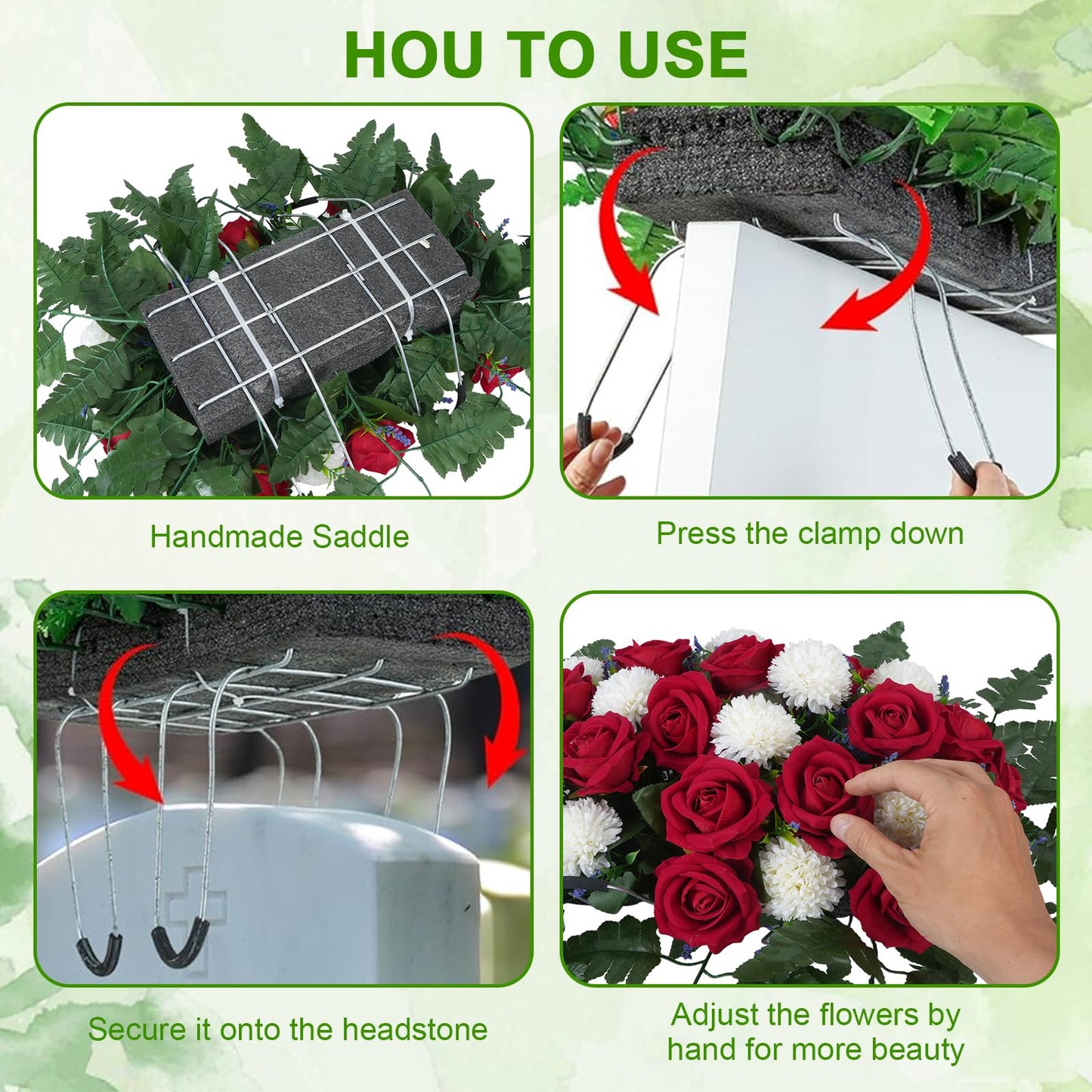 Luabue Artificial Cemetery Flower Headstone Flower Saddle 2 Chrysanthemum Rose Bouquets with Vase Memorial Flowers Grave Saddles for Headstone Outdoor Grave Tombstone Decor (Red White)