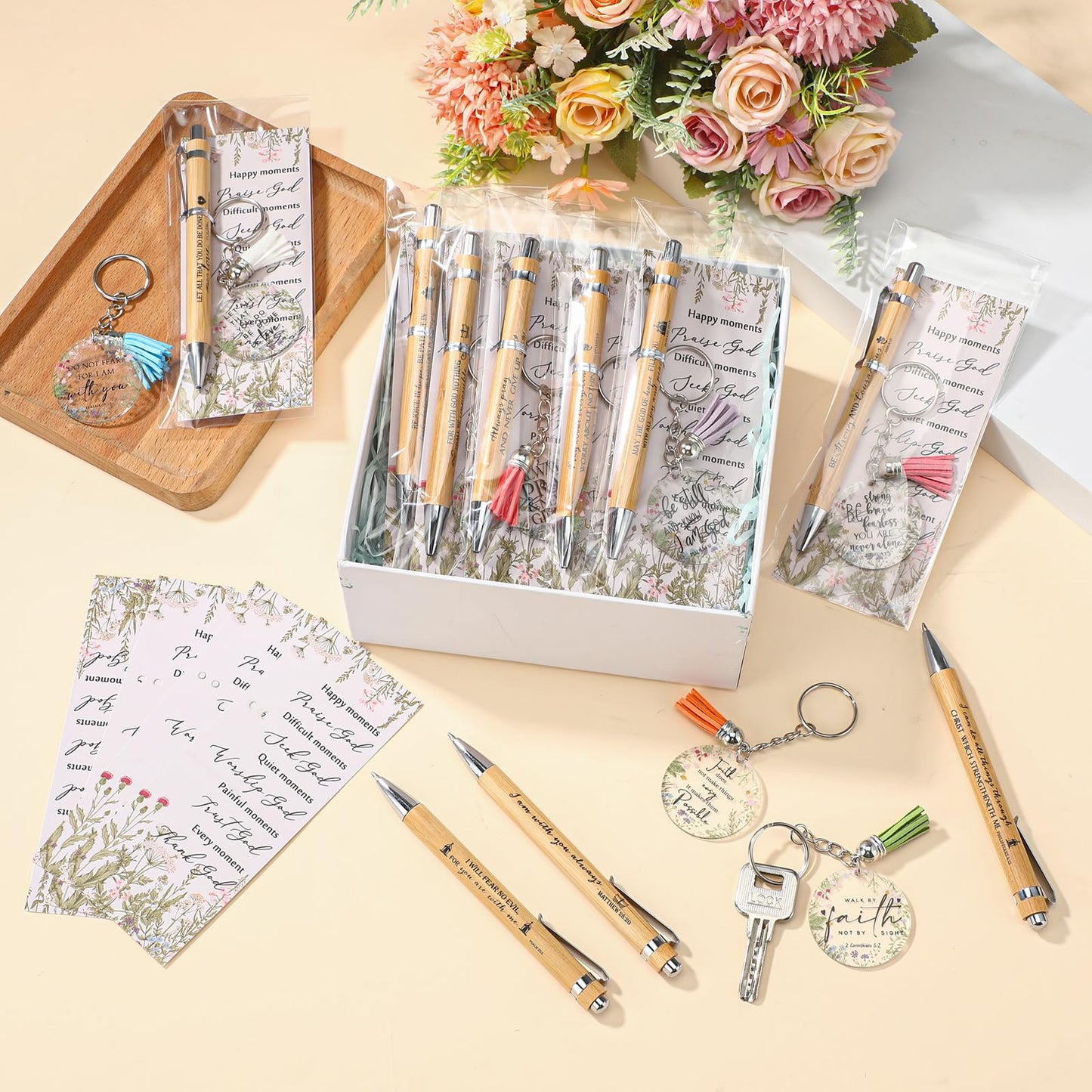 Spakon 50 Sets Fathers Day Christian Gifts Bulk Bible Verse Bamboo Pen Christian Floral Keychain Inspirational Bookmark Religious Church Gift for Church Members Women Sunday School Teacher (Bible)