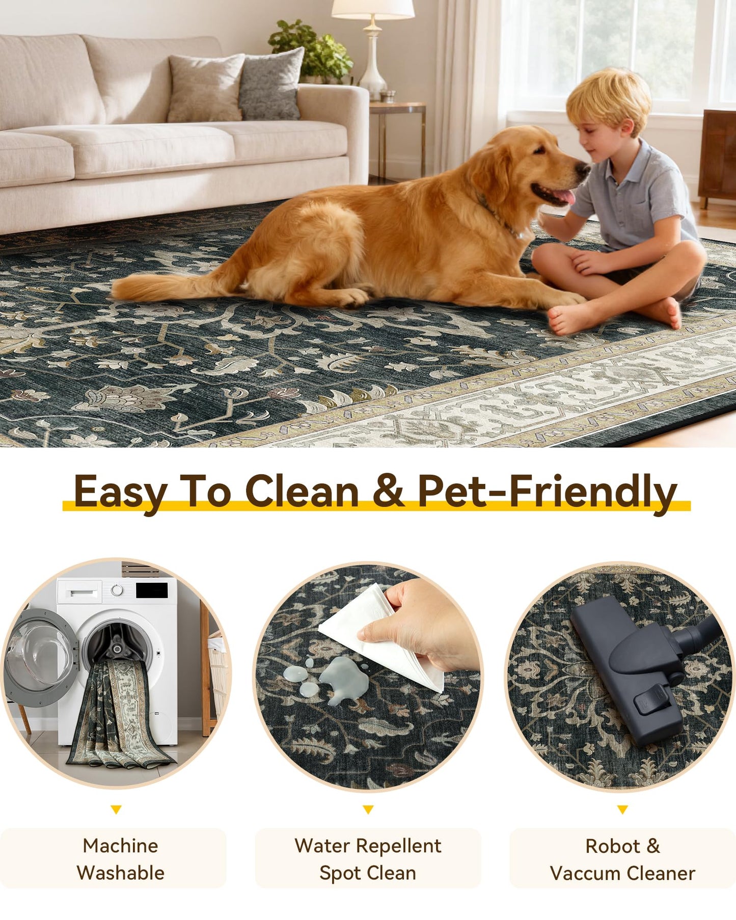 RELEANY Area Rugs 5'x7' Washable Vacuum-Friendly, Non-Slip, Floral Vintage Distress Print Pattern Medallion Carpet for Living Room Bedroom Vintage Black Beige Brown
