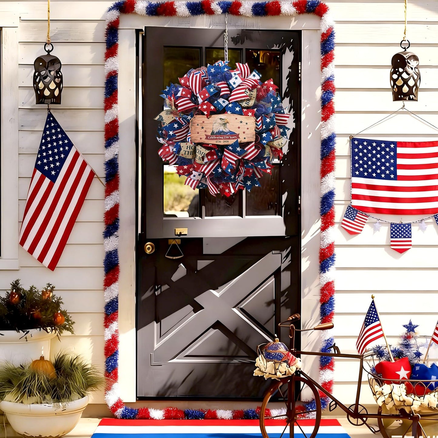 250th Anniversary Patriotic Wreath, 4th of July Wreaths for Front Door with Wooden Eagle Door Sign & Red White Blue Ribbon for Independence Day Memorial Day Patriotic Decorations(18In, 1Pcs)