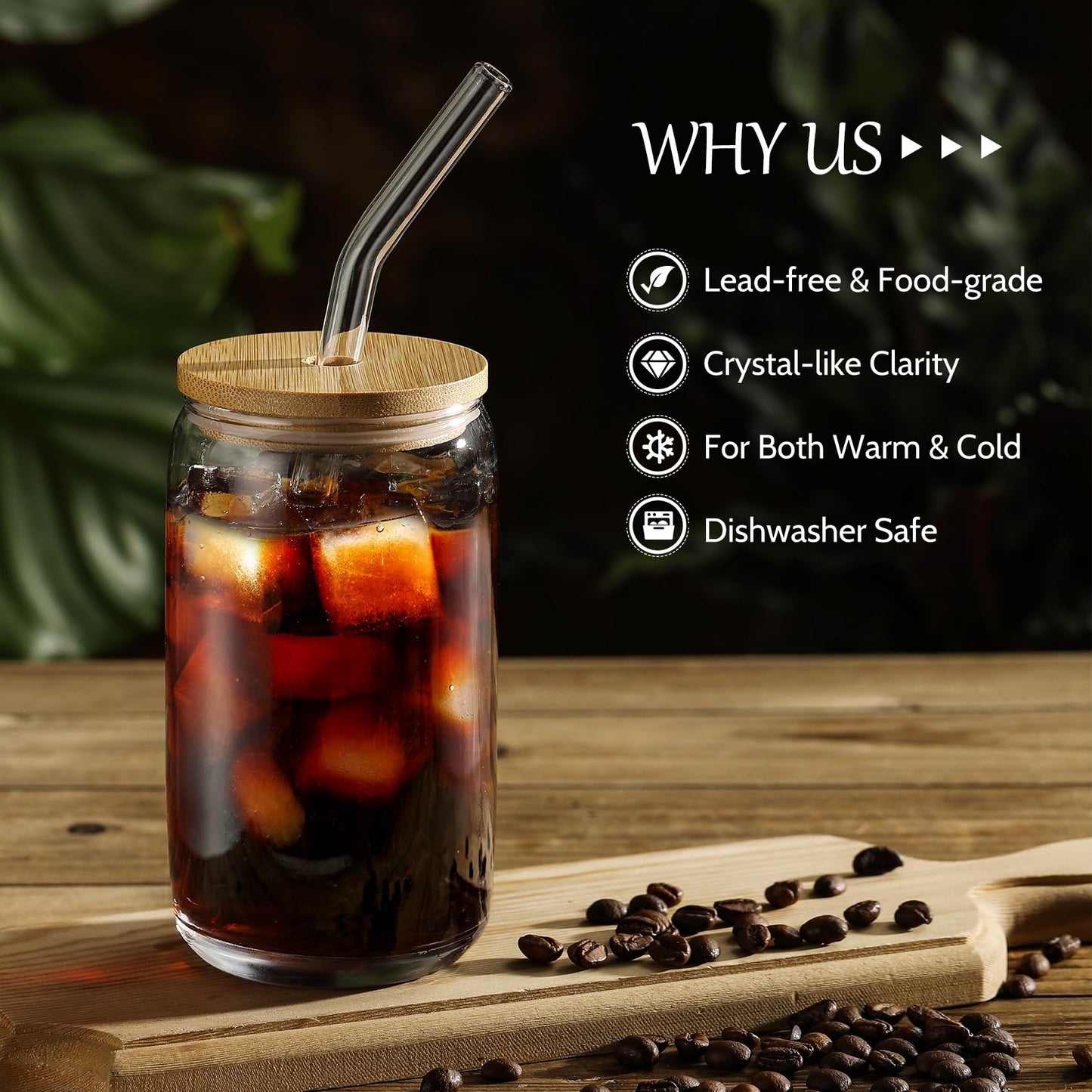 VITEVER [ 20pcs Set ] Glass Cups with Bamboo Lids and Glass Straw - Beer Shaped 16 oz Iced Coffee Drinking Glasses, Cute Tumbler Cup for Smoothie, Boba Tea, Whiskey, Water