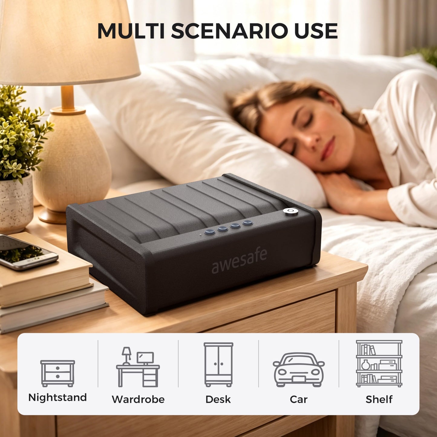 awesafe Biometric Gun Safe for Pistol, 2 Ways Quick Access Handgun Safe with Backlit Digital PIN Key, Portable Car Gun Safe, Gun Lock Box with Gas Strutfor Nightstand Bedside Cloakroom Living Room