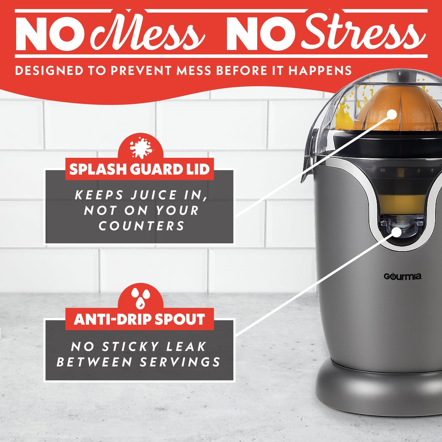 Gourmia Citrus Juicer - Automatic Juicer with 17 oz Capacity, One-Touch Operation, Universal Cone, Anti-Drip Spout, Dishwasher-Safe Accessories, Compact Quiet 60W Motor