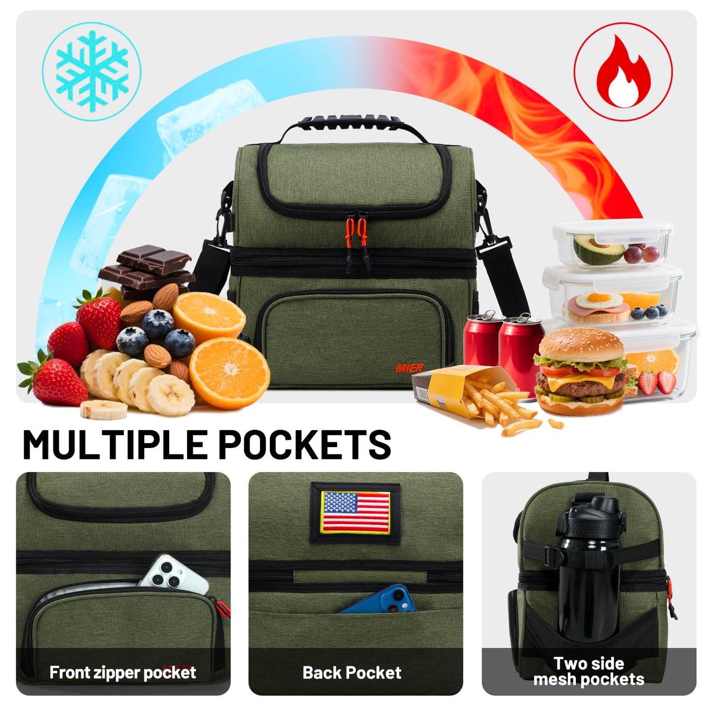 MIER Dual Compartment Lunch Bag Tote with Shoulder Strap for Men and Women Insulated Leakproof Cooler Bag, Army Green