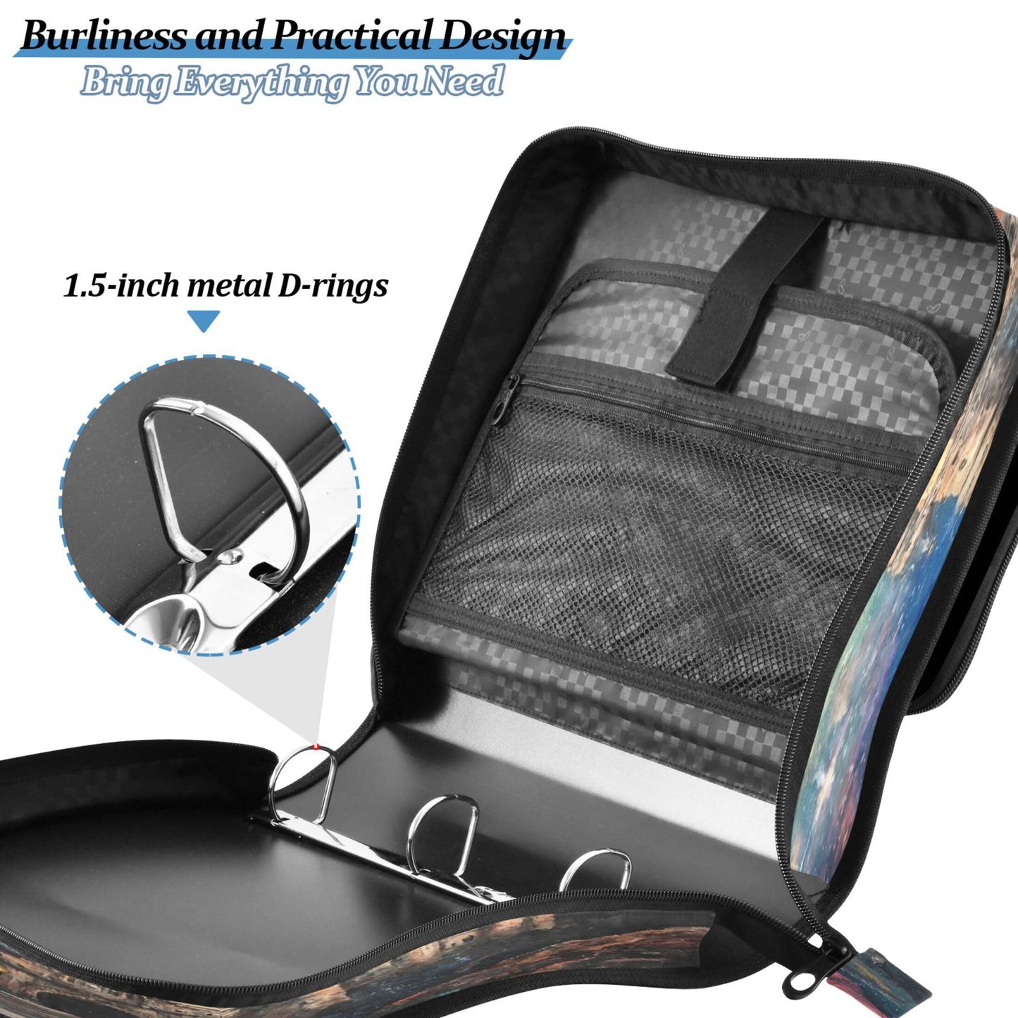 Takiito 3 Ring Zipper Binder Dragon Castle Binder Organizer Portfolio with File and Shoulder Strap & Handle Large Capacity File Folder