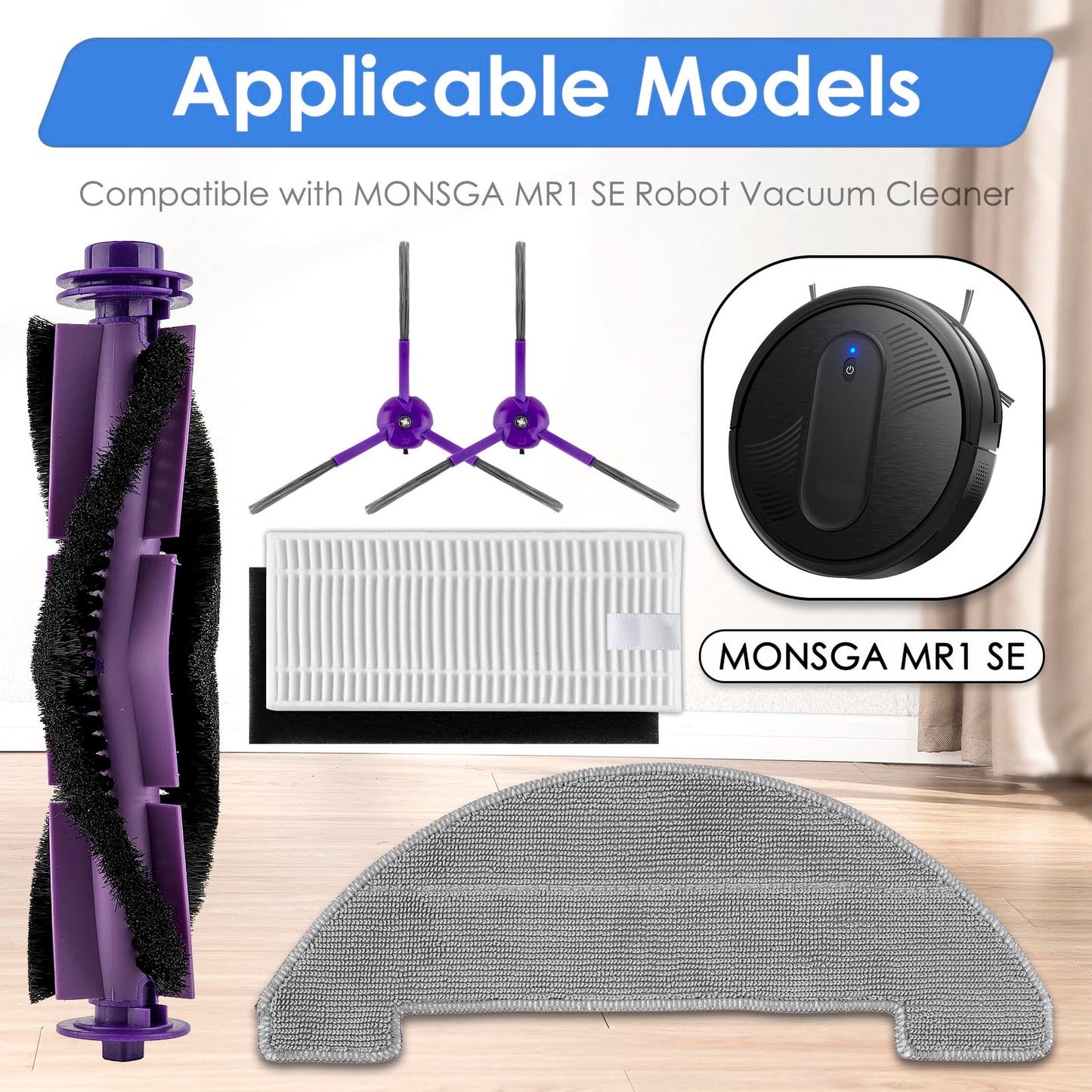 (22 Pack) MR1 SE Replacement Parts Compatible with MONSGA MR1 SE Robot Vacuum Cleaner, 2 Roller Brushes, 8 Side Brushes, 8 HEPA Filters with Foam Filters, 4 Mop Pads, Accessories Kit