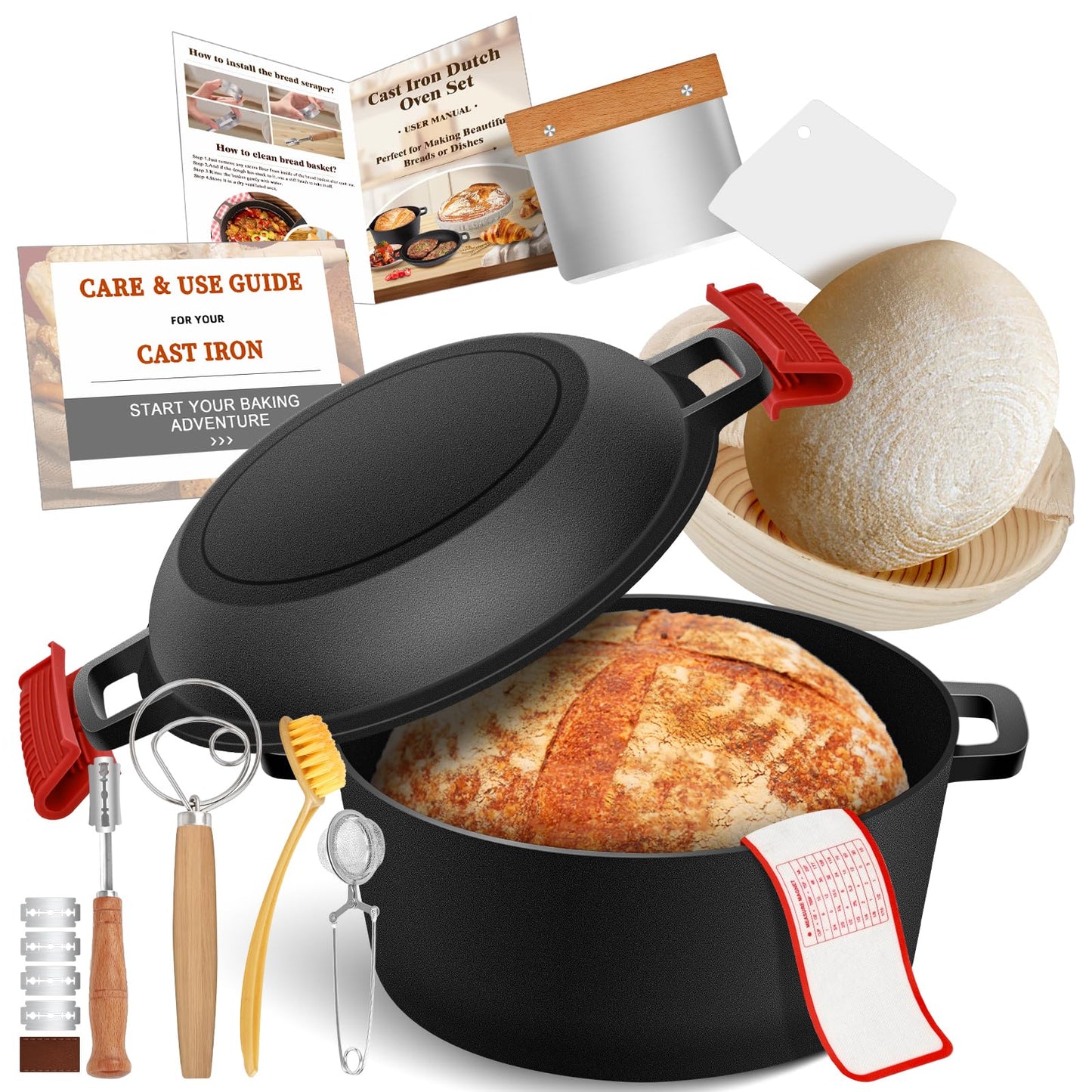 Cast Iron Dutch Oven for Bread Baking, Banneton Bread Proofing Basket Sourdough Bread Baking Supplies, 2-in-1 Dutch Oven Pot with Skillet Lid Cooking Pan Handles Lame, 5QT