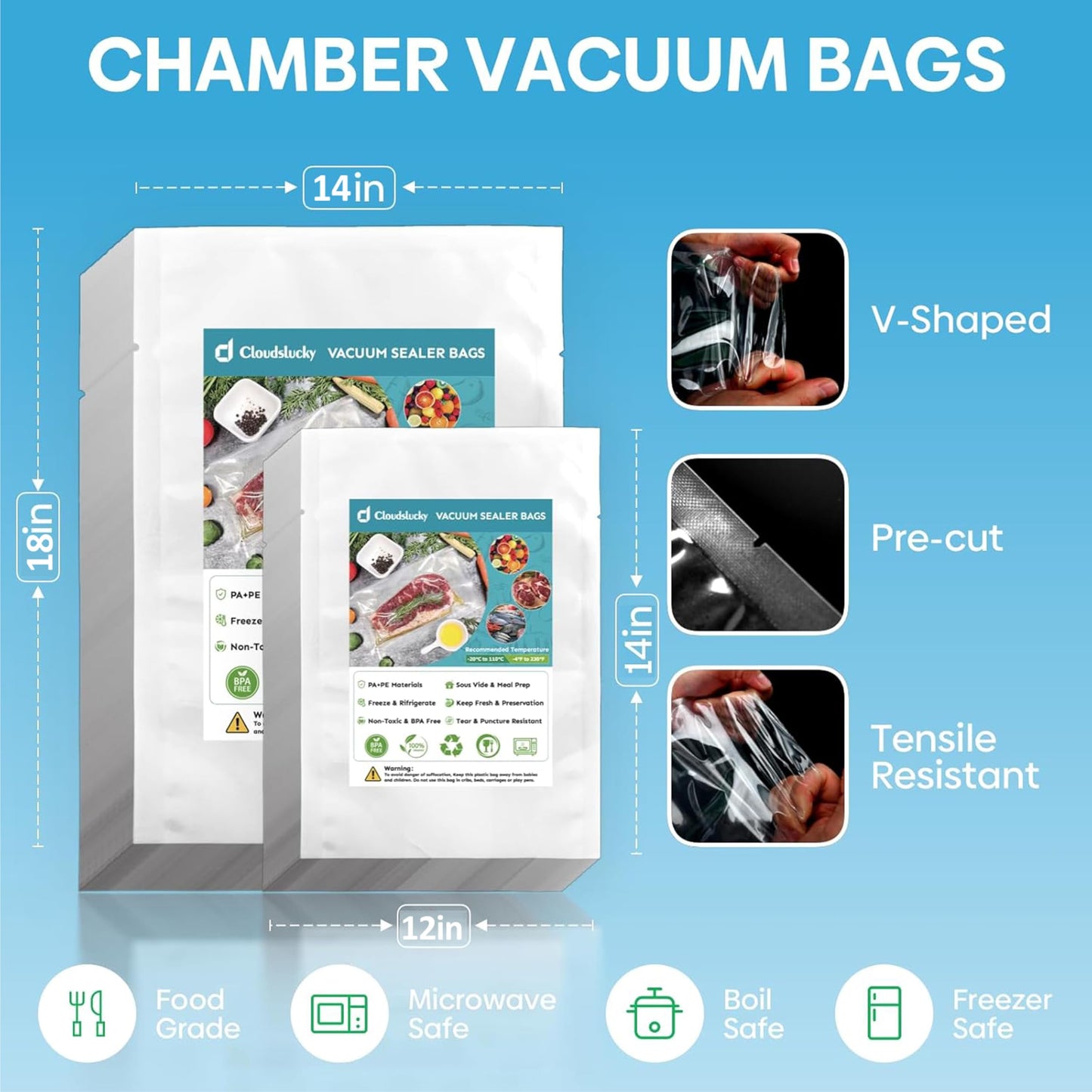 Cloudslucky Chamber Vacuum Sealer Bags,12"x14" 200 Pcs Pre-cut Chamber Machine Pouches,Heavy Duty Chamber Vacuum Bags for Commercial Sealer,Food Storage,Meal Prep,Sous Vide,Meat Cheese Goods, BPA Free