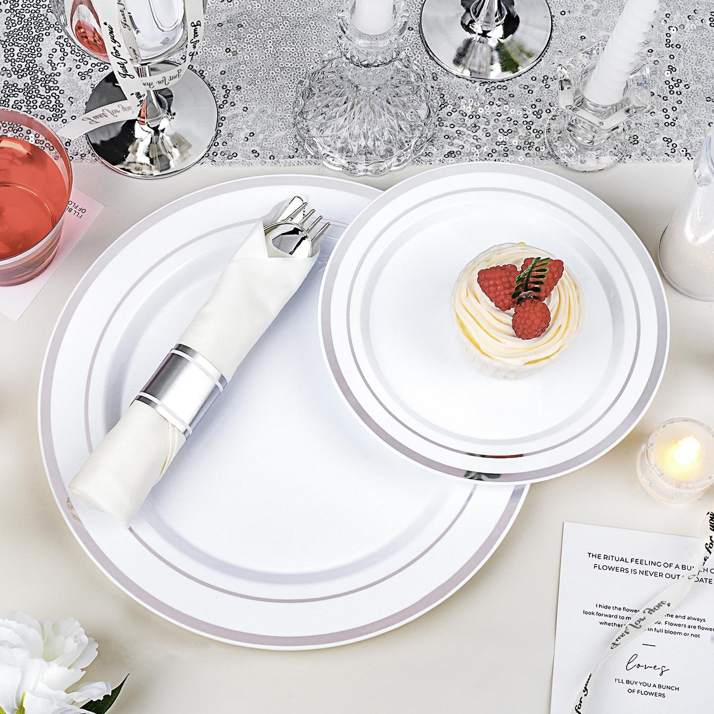 realluck 350 PCS White and Silver Plastic Dinnerware Set for 50 Guests, 100 Disposable Plates for Party, 50 Pre Rolled Napkins with Silver Silverware, 50 Cups