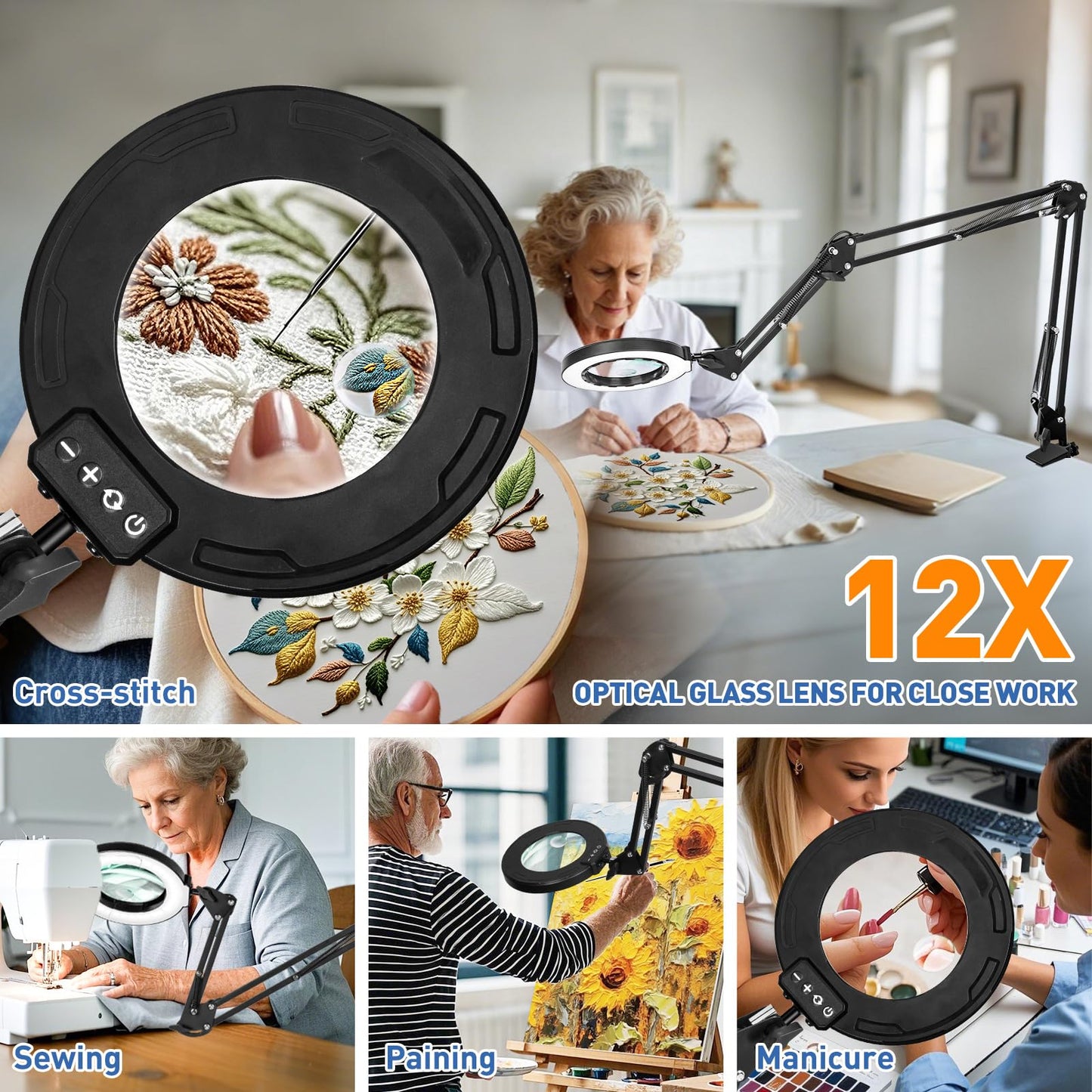 HITTI Ultra Long 12X & 30X Magnifying Glass with Light and Clamp, 5 Color Modes Steepless Dimming Desk Lamp, Swivel Arm Workbench Light, Hands Free Lighted Magnifier Stand for Craft Reading Hobby
