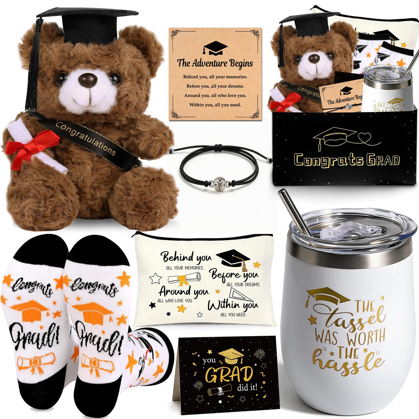 U-Zomir Graduation Gifts for Her, College & High School Graduation Gifts for Women with Plush Bear Bracelet Socks Greeting Card and Tumbler, Class of 2026 Graduates Gifts Box Set