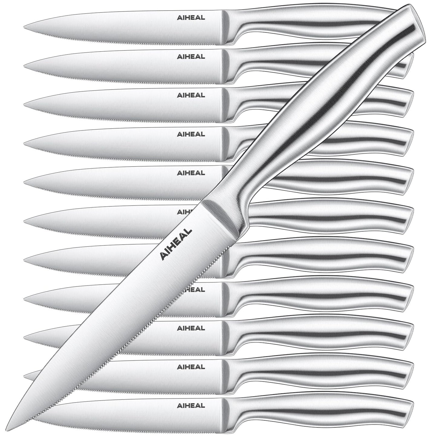 Aiheal Steak Knives, Stainless Steel Steak Knives Set of 12, Never Needs Sharpening Dinner Steak Knife Set, Sharp Micro Serrated Knives