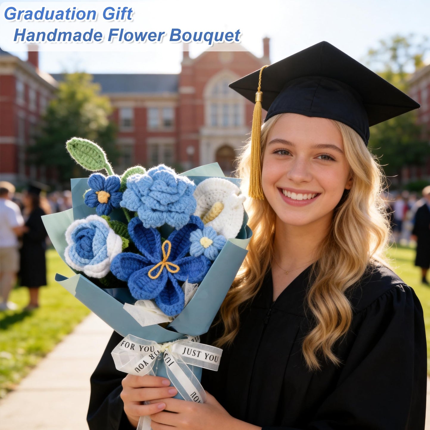 MengxFly Crochet Flower Bouquet Blue, Graduation Flowers Bouquet, Handmade Knitted Floral Gift for Her, with Gift Box, Bag and Card