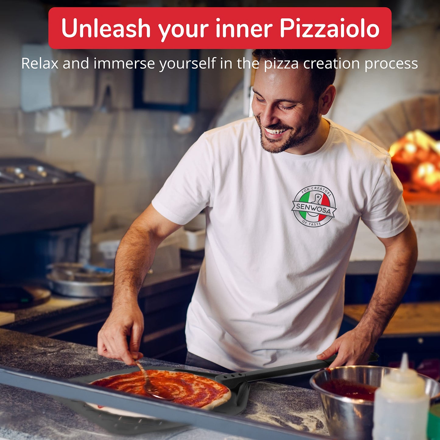 Senwosa 26” Pizza Oven Brush with Stone Scraper - Heat Resistant Stainless Steel Bristles, Extra Long Handle - Compatible with Ooni, Gozney & Similar Ovens - Includes Spare Head