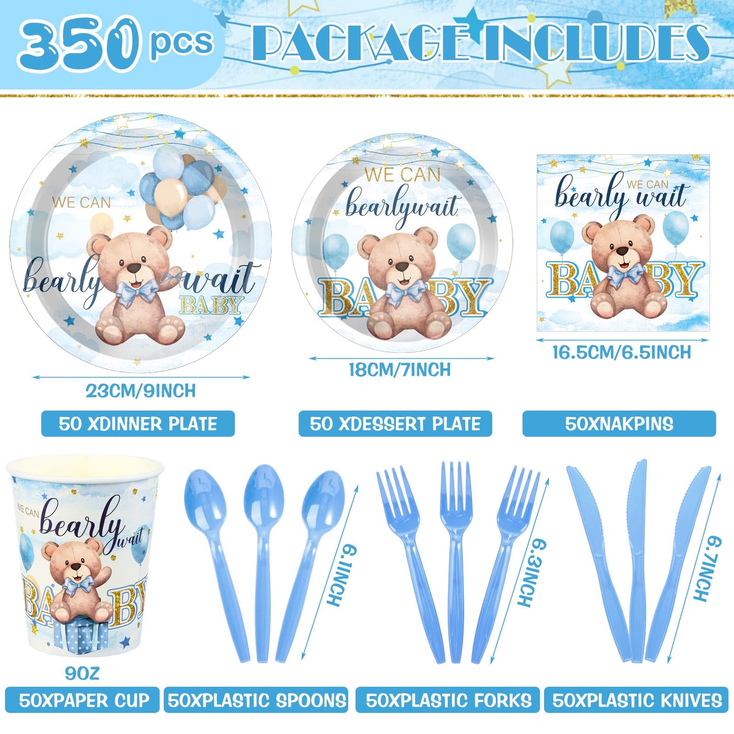 Dandat 350 Pcs Baby Shower Plates Set Baby Shower Party Supplies Serves 50 Tableware Sets Include Plates Napkin Cup Forks Knives Spoons Disposable Dinnerware(Bear,Blue)