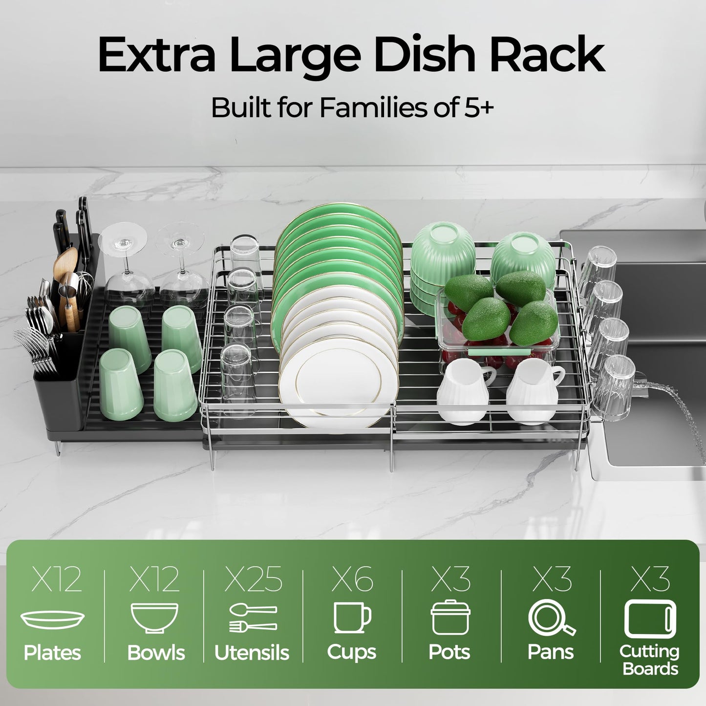 Pantasia Large Dish Drying Rack, Expandable Dish Rack, Stainless Steel Anti-Rust Dish Racks for Kitchen Counter, Multifunctional Dish Drainer with Utensil Holder & Cup Holder, 13.4"-28.7" L x 11.8" W