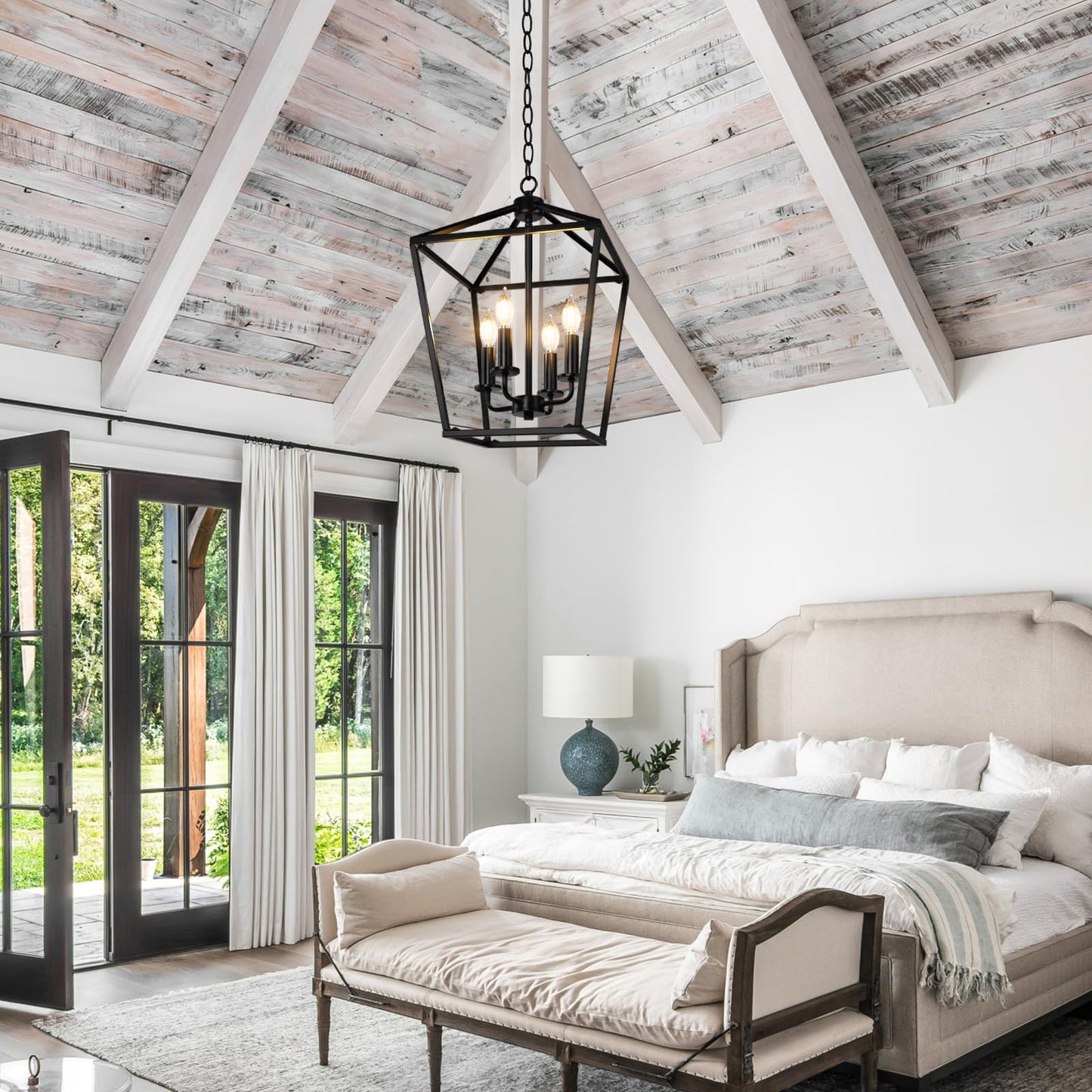 BrightHome Farmhouse Chandelier 4-Light, Black Pendant Light Fixture for Kitchen Island Dining Room, Lantern Industrial Lighting Ceiling Hanging with Metal Cage Adjustable Height for Entryway Foyer