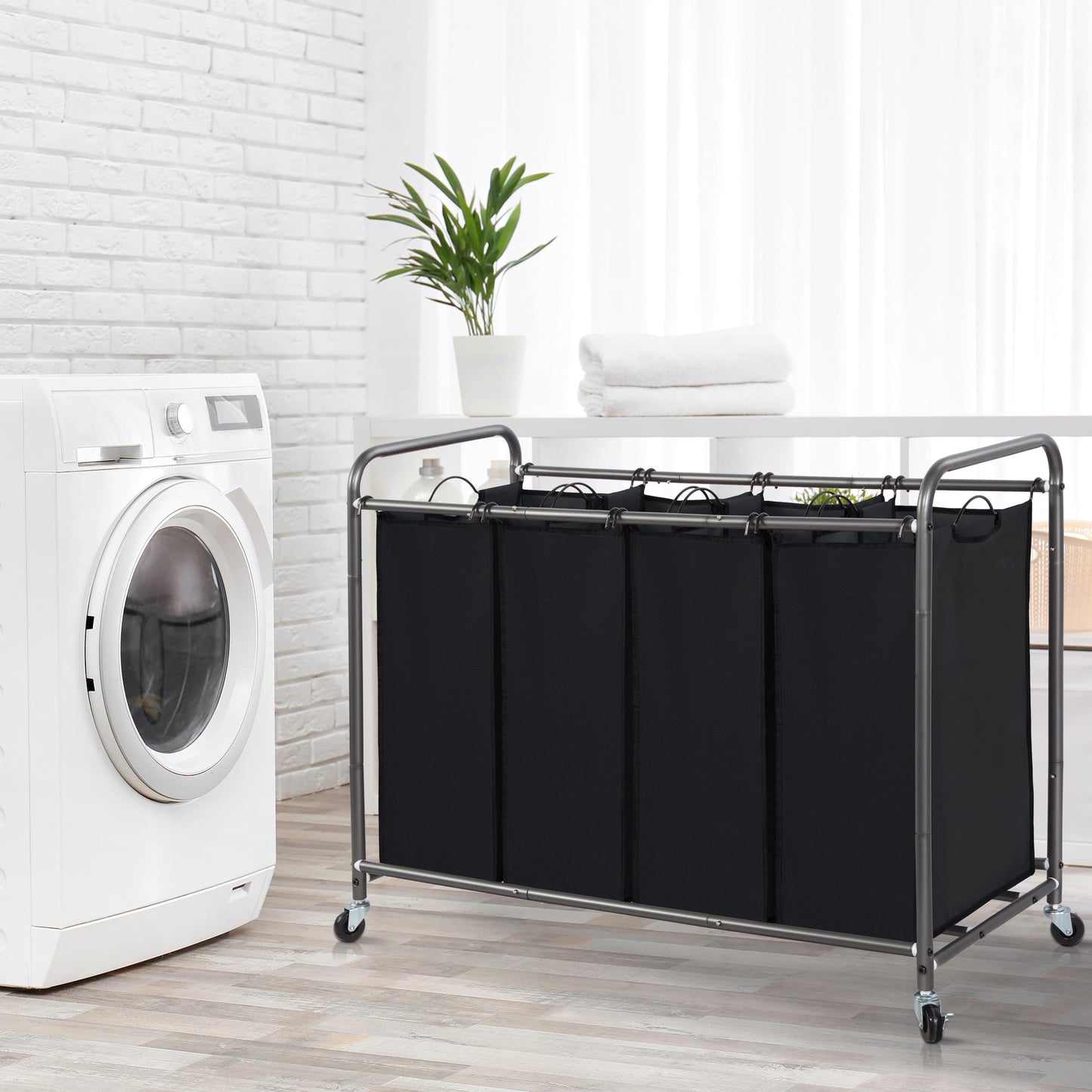 STORAGE MANIAC Laundry Sorter 4 Section, 47.8 Gal (181 L) Laundry Hamper with Wheels, Clothes Divider Basket Sorter, Clothes Separator Hamper Cart with Wheels and Removable Bags, Black