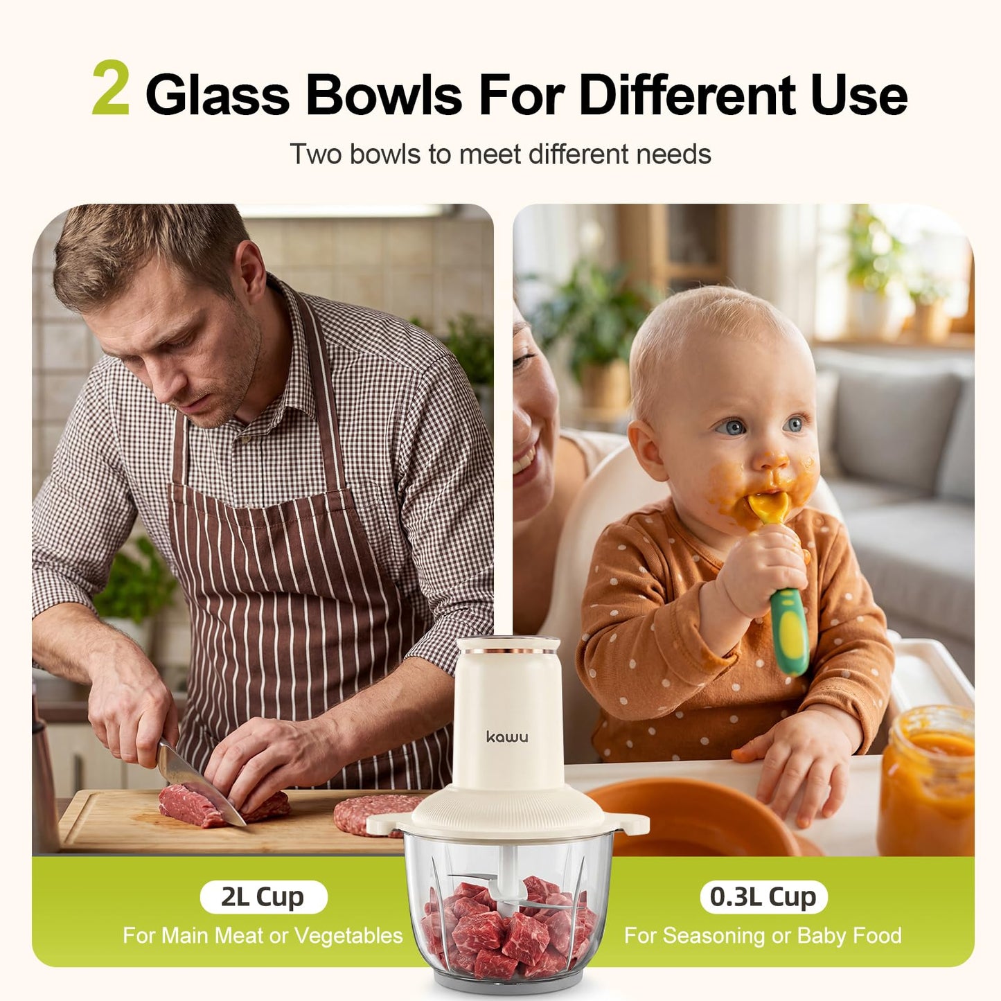 Kawu Electric Food Processors, 300W Food Chopper with 2 Bowls (8 Cup+1 Cup), 2 Speeds Meat Grinder with Stainless Steel Blades, Mini Vegetable Garlic Chopper Glass Blenders for Kitchen Home