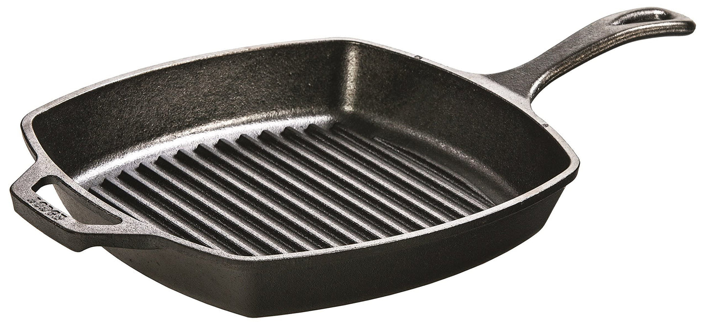 Lodge Square Cast Iron Grill Pan 10.5 Inches - Pre-Seasoned Square Skillet - Ridged Burger Grill Pan - Even Heat Distribution - PFAS-Free Non-Toxic Cookware