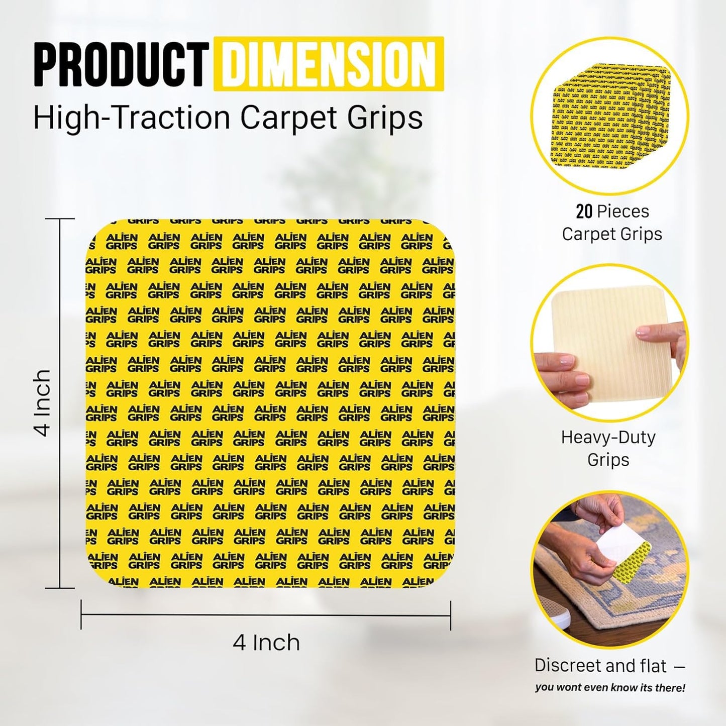 Alien Grip Rug Gripper Carpet Tape - 20pcs, 4x4 in. Anti-Slip Hardwood, Tile Floor, No Damage - Double Sided Reusable, Non Slip Corner Rug Pads - As Seen on TV