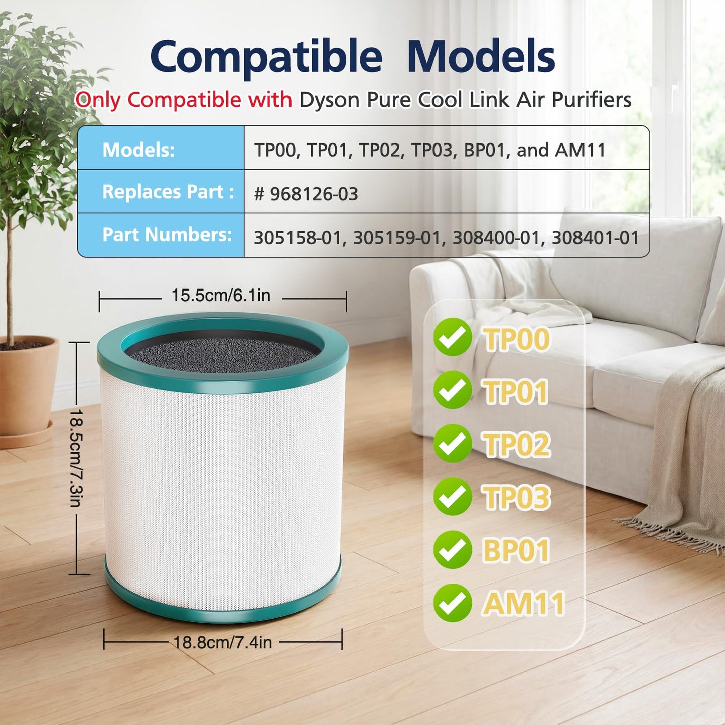TP01 Filter Replacement HEPA Air Filter Compatible Only with Dyson Tower Purifier Pure Cool Link TP01, TP02, TP03, AM11, BP01 Models, Replace Part 968126-03 – NOT for Dyson HP or DP Series, 2 Pack