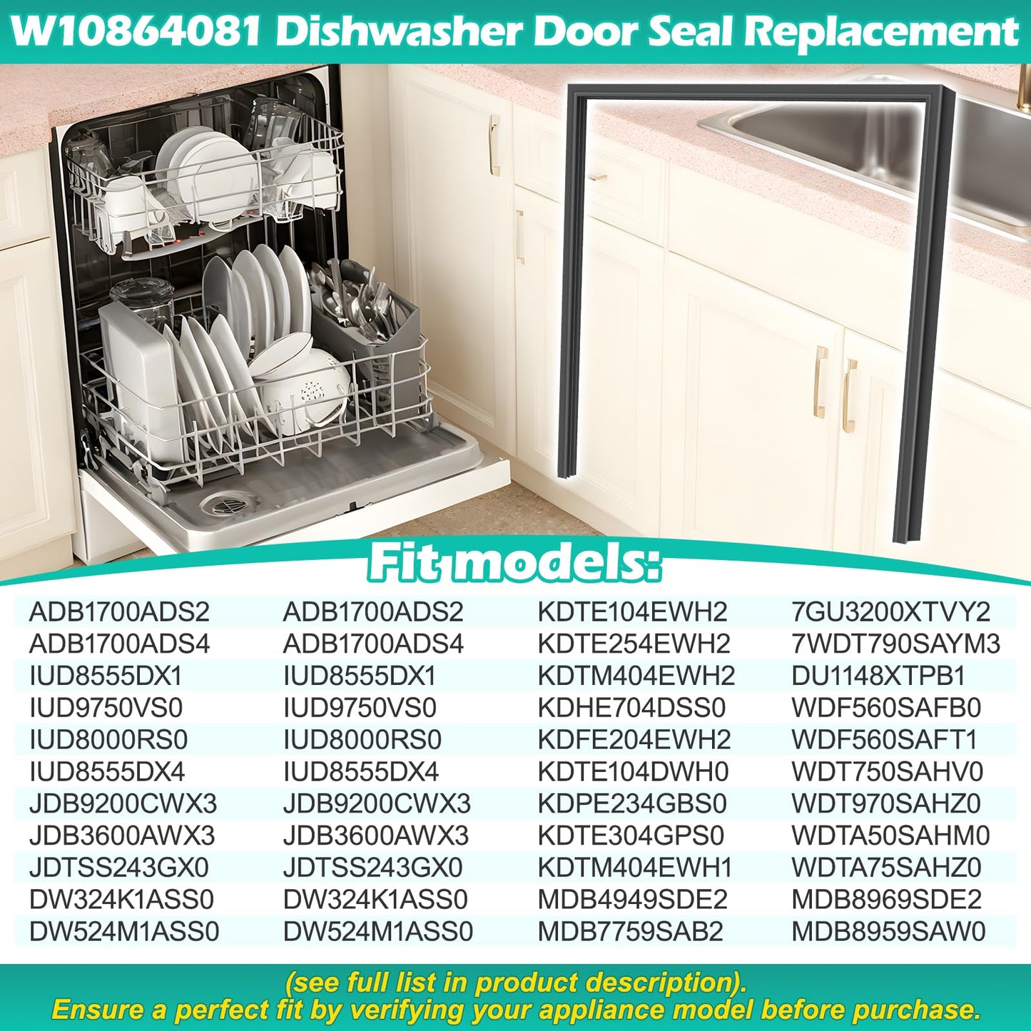 Upgraded W10864081 Dishwasher Door Gasket for Whirlpool Dishwasher Models WDTA50SAHZ0,KDFE104DSS3, KDFE204ESS1 W10179427, W10835073 Dishwasher Cabinet Seal for Kenmore Kitchen Aid Dishwasher