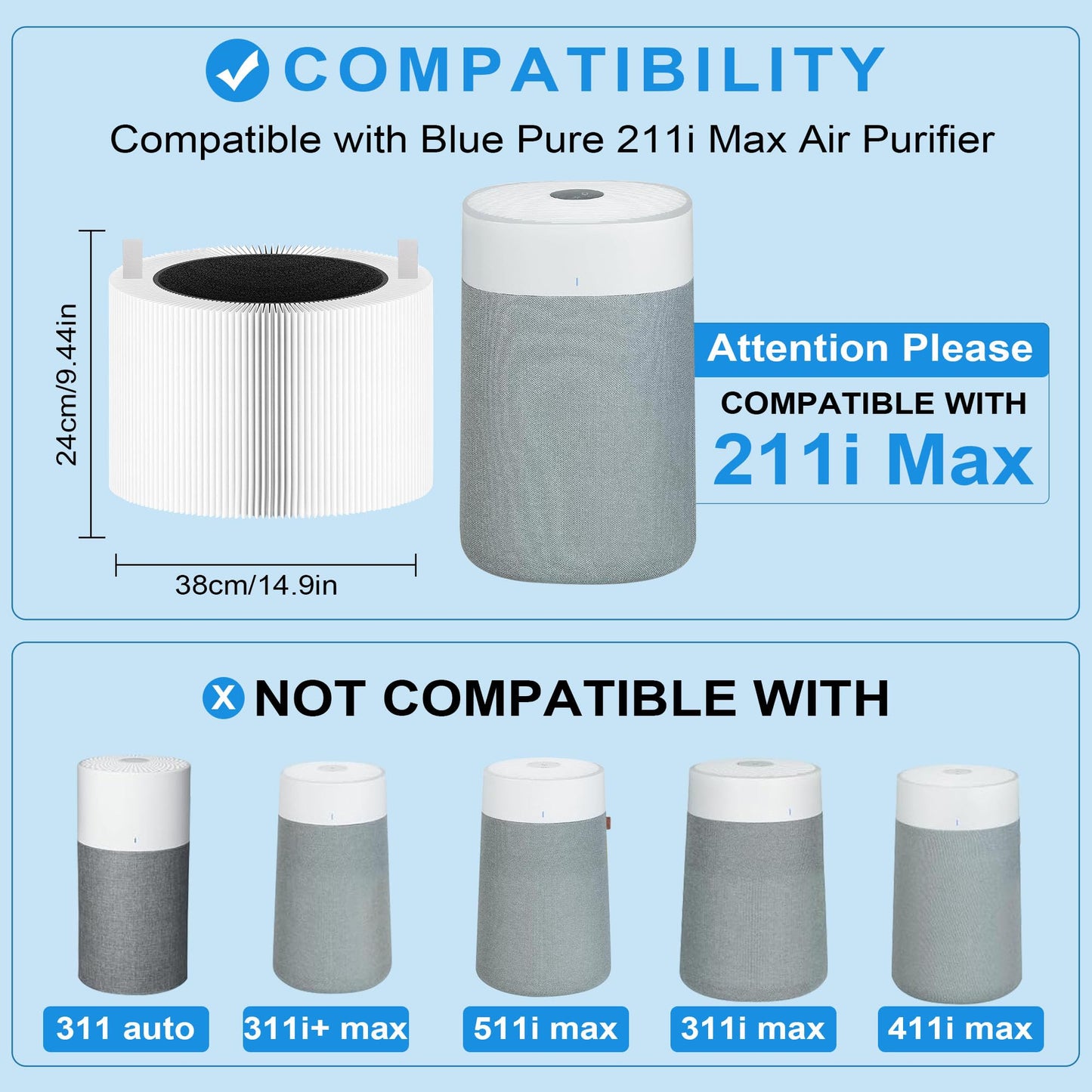 211i MAX Replacement Filter Compatible with Blue Pure 211i Max Air Purifier, HEPA and Activated Carbon Filters, White Replacement Part #F2MAX (2 Packs)