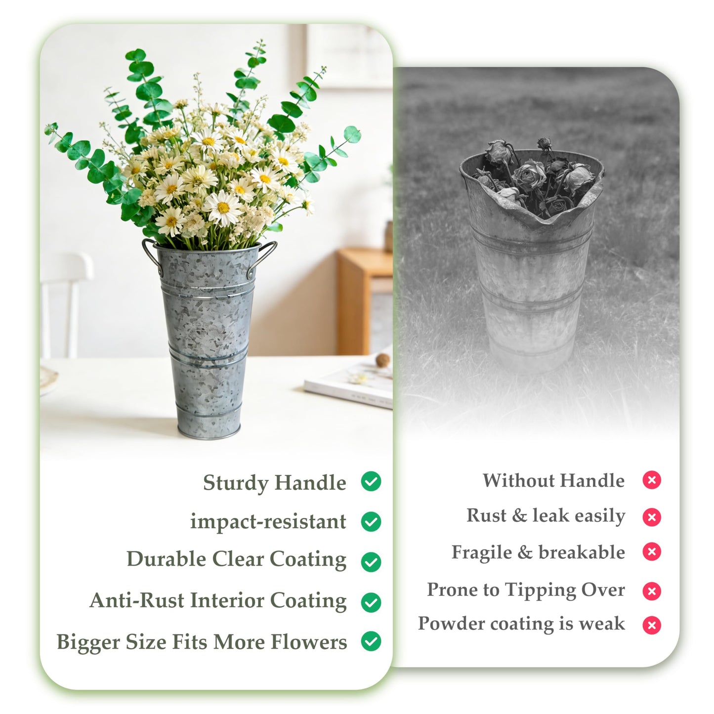 12 Inch Galvanized Metal Flower Buckets, Set of 6 - Rustic Tin Vases with Handles for Farmhouse & Wedding Decor, Tall Planters for Cut Flowers, Table Centerpiece & Home Organization
