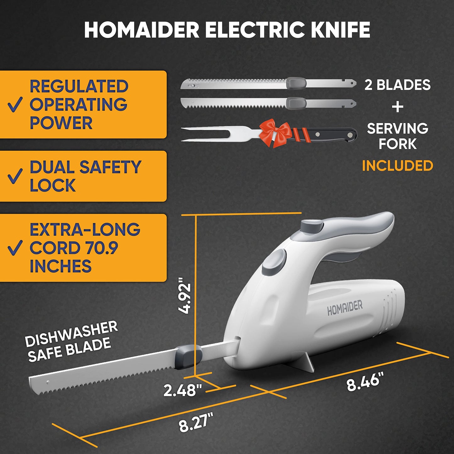 Homaider Electric Knife for Meat Slicing, Turkey, Carving Meat, Bread & More | Ergonomic Handle + 2 Carving Reciprocating Stainless Steel Blades and Serving Fork Included, 6 Foot Cord