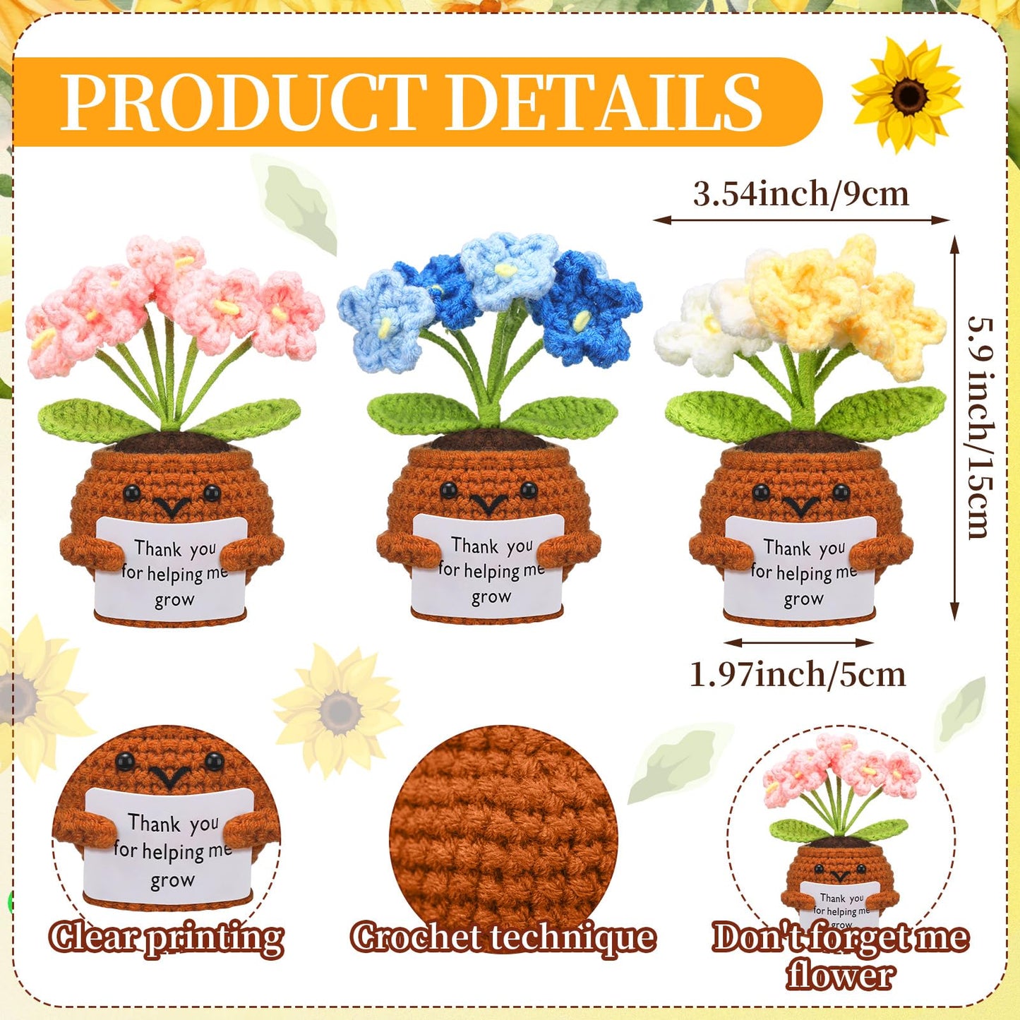 Wavwavw 3 Pack Teacher Appreciation Gift Positive Flower Handmade Crochet Doll Thank You for Helping Me Grow Gifts Back to School Gifts for Women Teacher(Forget Me Not)