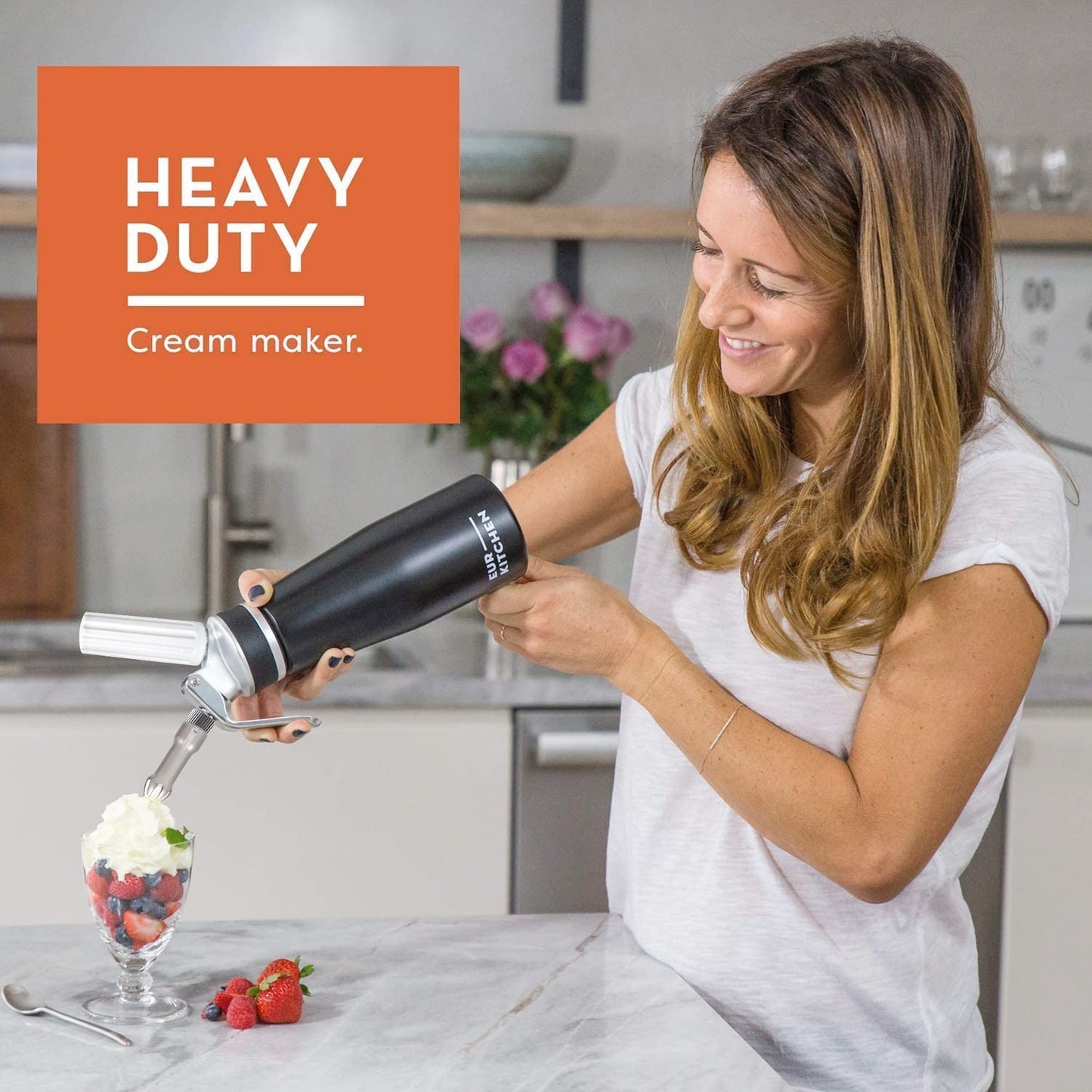 EurKitchen Professional Aluminum Whipped Cream Dispenser - Leak-Free Whip Cream Maker Canister with 3 Decorating Nozzles & Cleaning Brush - 1-Pint / 500 mL - N2O Chargers (Not Included)