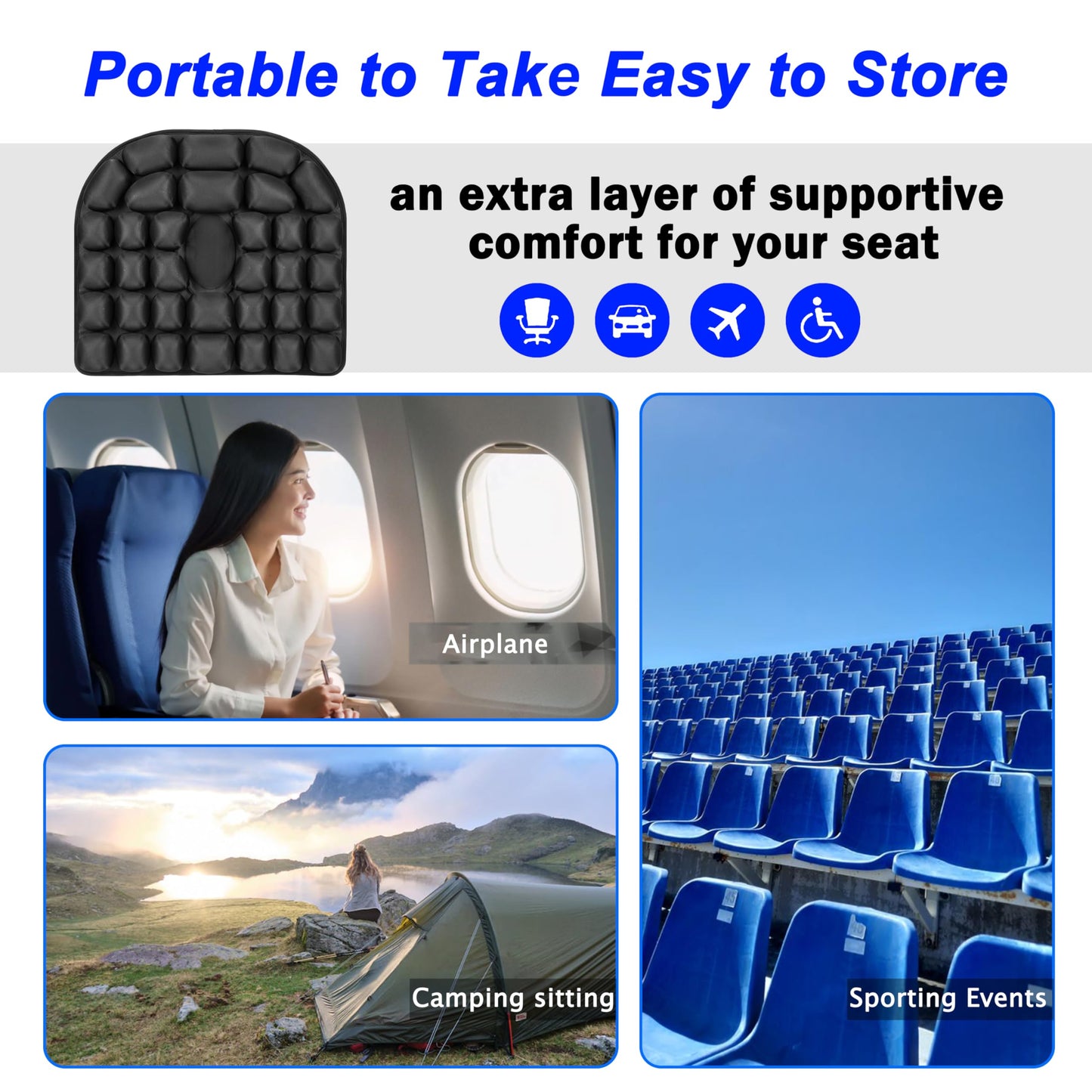 Upgrade Travel Seat Cushion for Airplane,Portable&Adjustable Air Seat Cushion,Coccyx Tailbone Pain Relief Chair Pad,Inflatable Cushion for Wheelchair, Travel,Driving,Office Work
