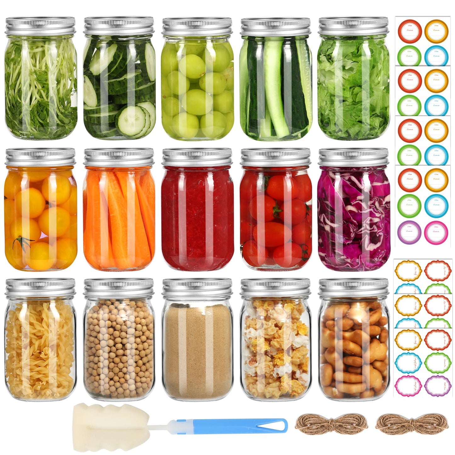 Mcupper Glass Mason Jars 16 oz with Airtight Lids and Bands - 15 Pack Regular Mouth Pint Canning Jars for Pickling, Meal Prep, Overnight Oats, Dry Food & DIY Crafts - Includes 24 Stickers & Brush