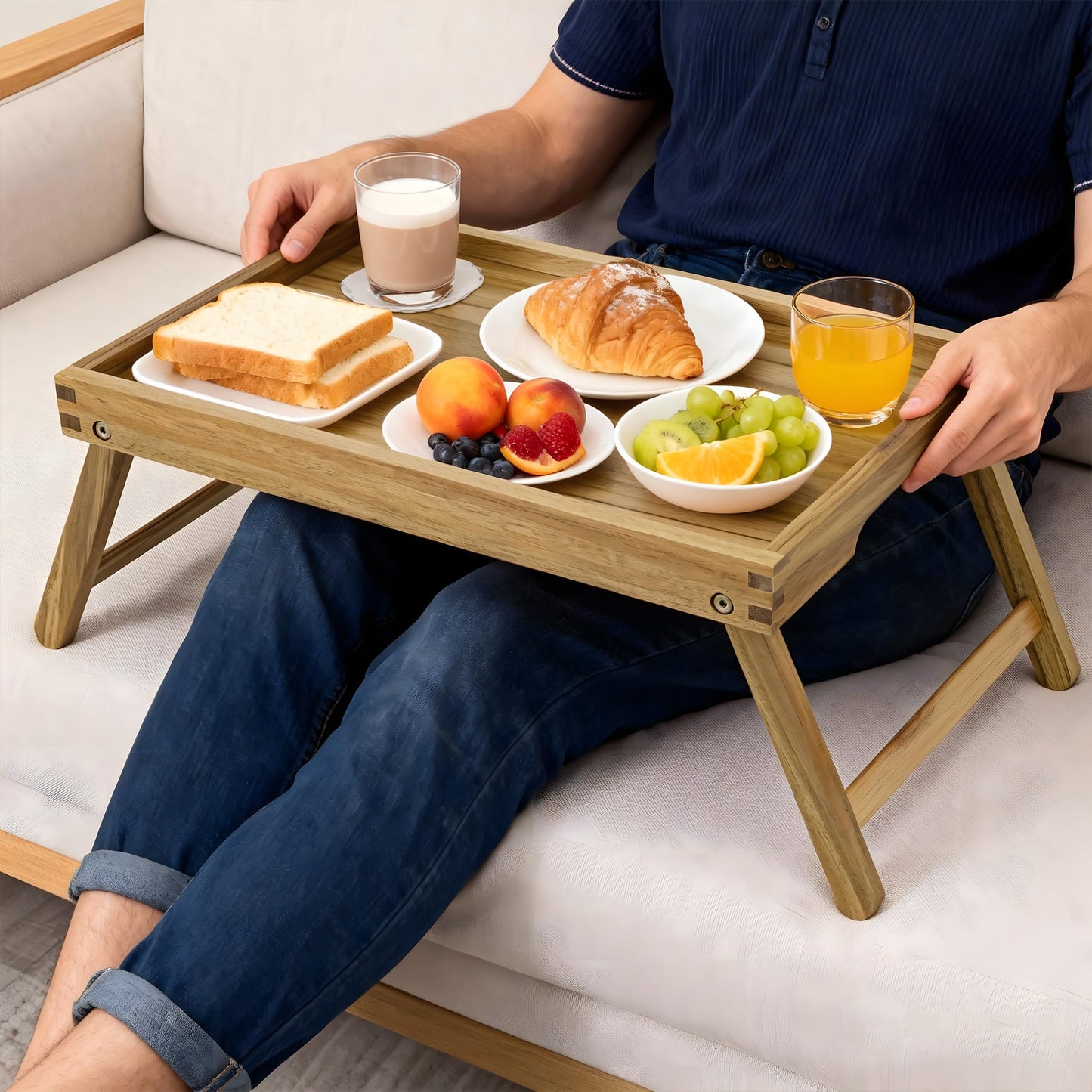VaeFae Acacia Bed Table Tray, Wooden Breakfast Tray with Folding Legs, Bed Tray for Eating and Laptop, Eating Trays for Bedroom (Large Size)