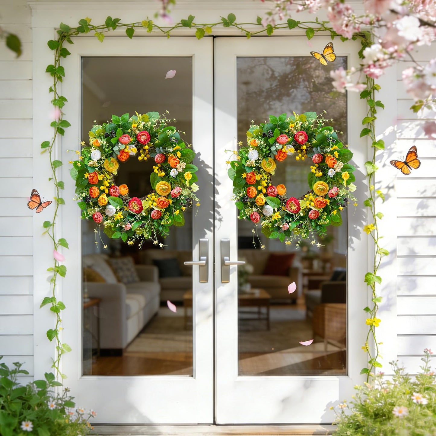 Spring Summer Wreaths for Front Door Outside 24 Inch, Summer Wreath Outdoor with Lotus and Berries, Green Floral Door Wreath for All Season Home Wall Wedding Farmhouse Holiday