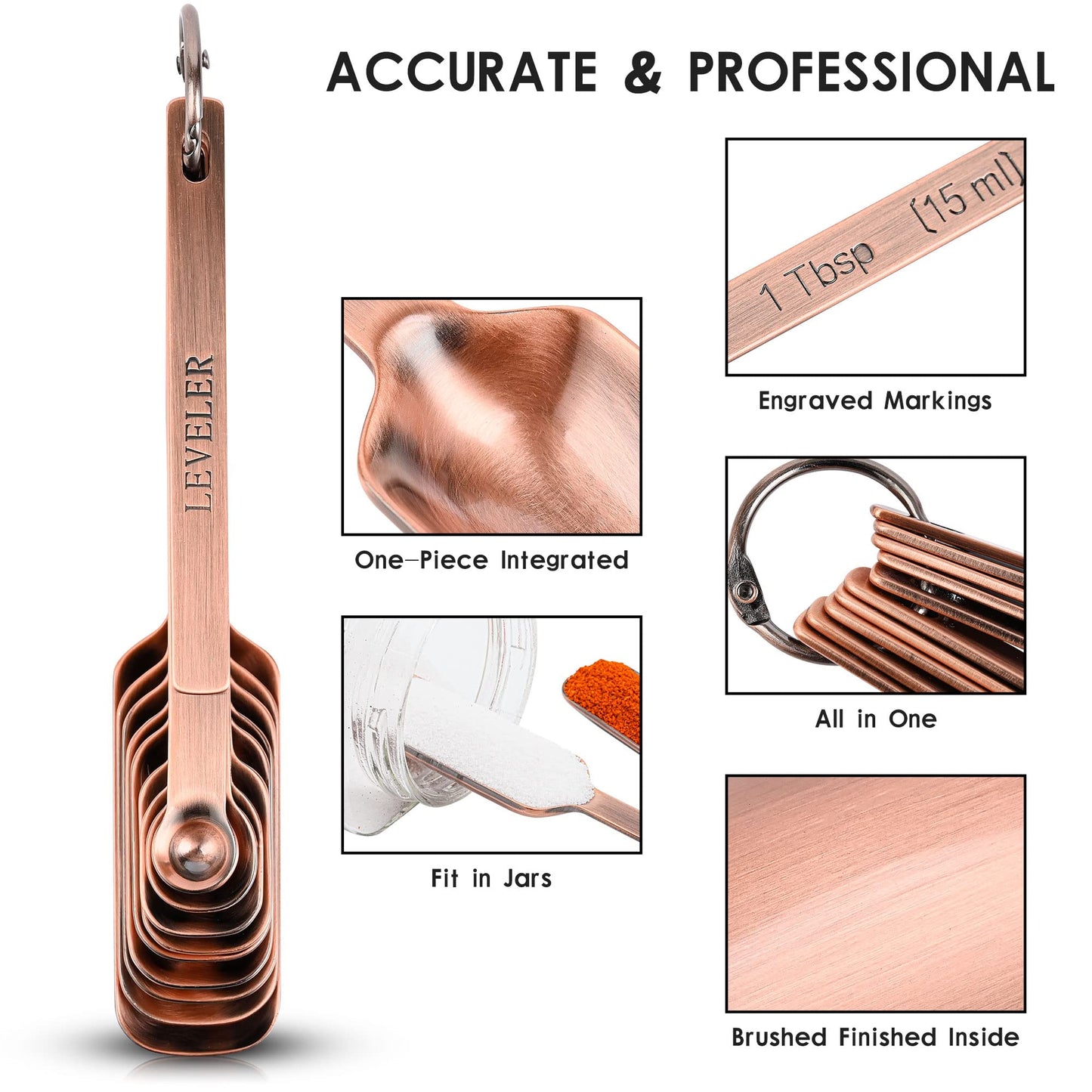 Smithcraft Measuring Cups and Spoons Set, Copper Measuring Cups and Spoons Set for Dry & Liquid, Metric&US 7 Stainless Steel MeasureR Cup&9 Spoon Leveler & Measure Enquivalents for Kitchen & Baking