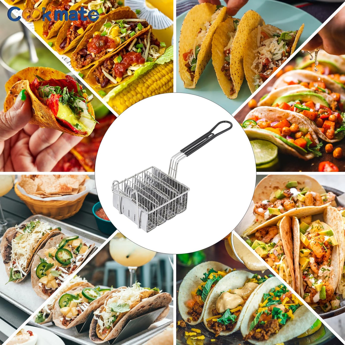 4 Shells Taco Fryer Basket Stainless Steel Taco Fryer Holds Kitchen Deep Fry Basket with Handle Flat Bottom Frying Shell Mold