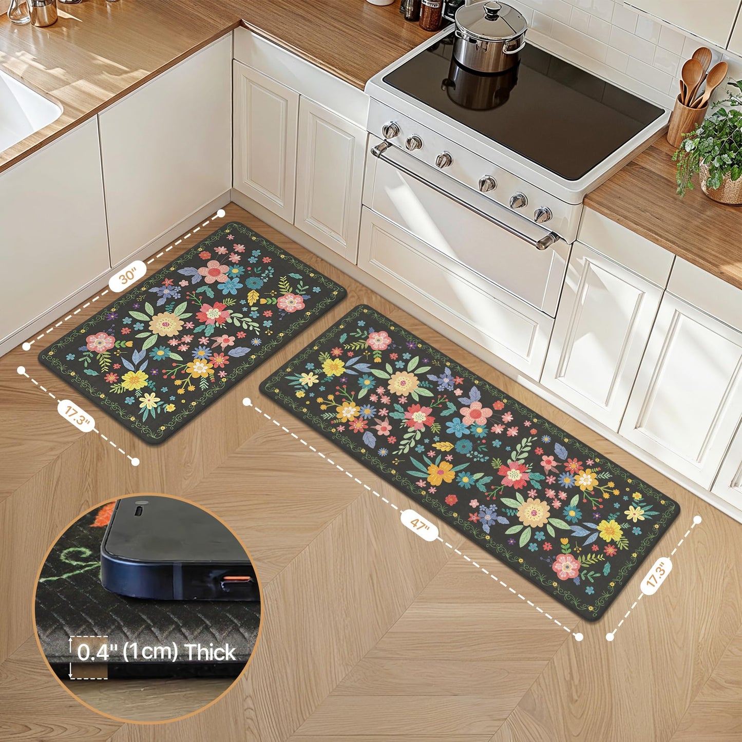 GENIMO Kitchen Mats for Floor 2PCS, Cushioned Kitchen Rugs Non Slip Washable, Farmhouse Anti Fatigue Mat Waterproof, Comfort Standing Mat Rug for Office, Home, Laundry, 17.3"x47"+17.3"x30", Black